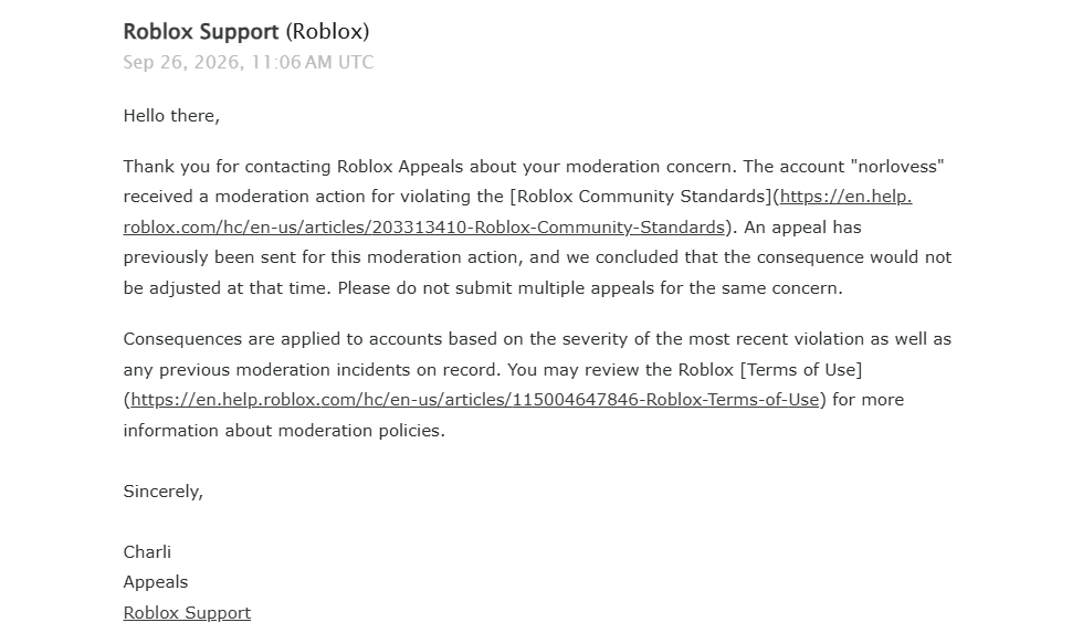norahstoe's tweet photo. roblox moderation is actually ridiculous. i had clothing that had been up for years suddenly all get flagged at the same time, i dont think this deserved a full permanent ban, fix ur moderation @Roblox . #roblox #ban https://t.co/0tTAoaVB71