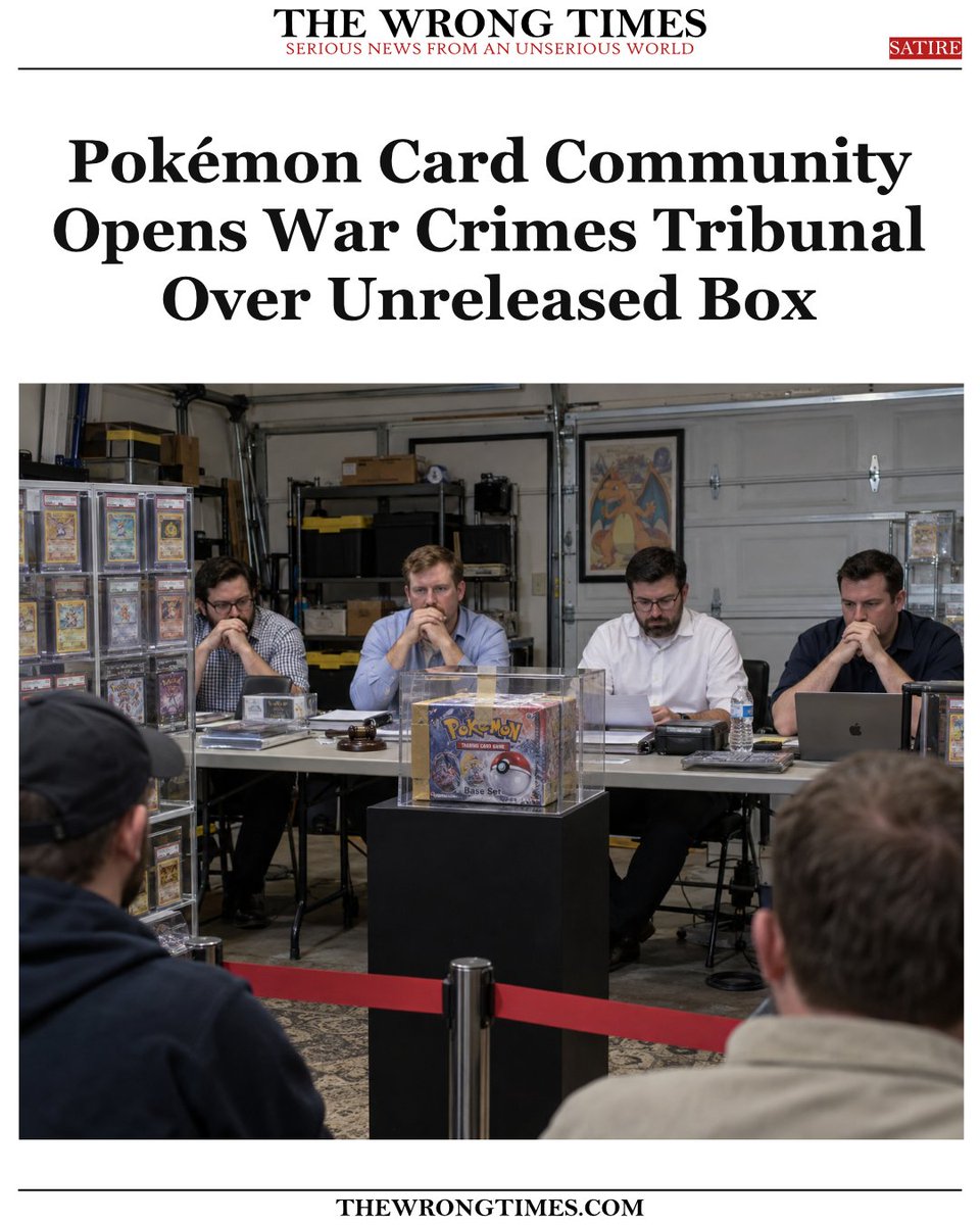 TheWrongTimes's tweet photo. Adults who collect Pokémon cards have convened a war crimes tribunal after one creator showed off two unreleased premium boxes online. Prosecutors are weighing charges of incitement, unauthorized joy, and failure to blur packaging. The defendant maintains she was just excited. The jury, all men in their thirties holding graded cards in plastic slabs, remains unmoved.