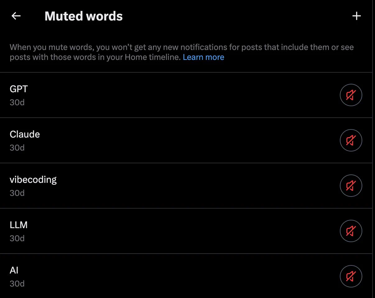 Muted words: GPT, Claude, vibecoding, LLM, AI