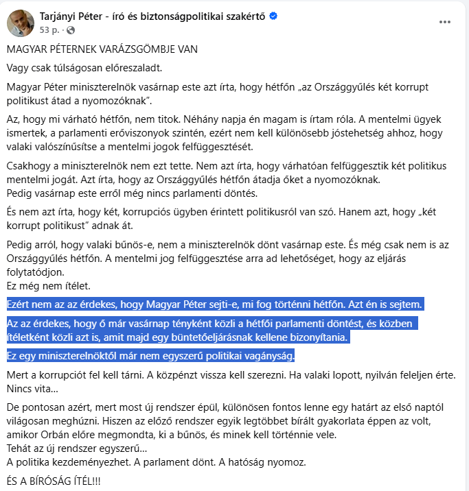 beatasalsa's tweet photo. "De pontosan azért, mert most új rendszer épül, különösen fontos lenne egy határt az első naptól világosan meghúzni. Hiszen az előző rendszer egyik legtöbbet bírált gyakorlata éppen az volt, amikor Orbán előre megmondta, ki a bűnös, és minek kell történnie vele." https://t.co/yNpVLfP2ai