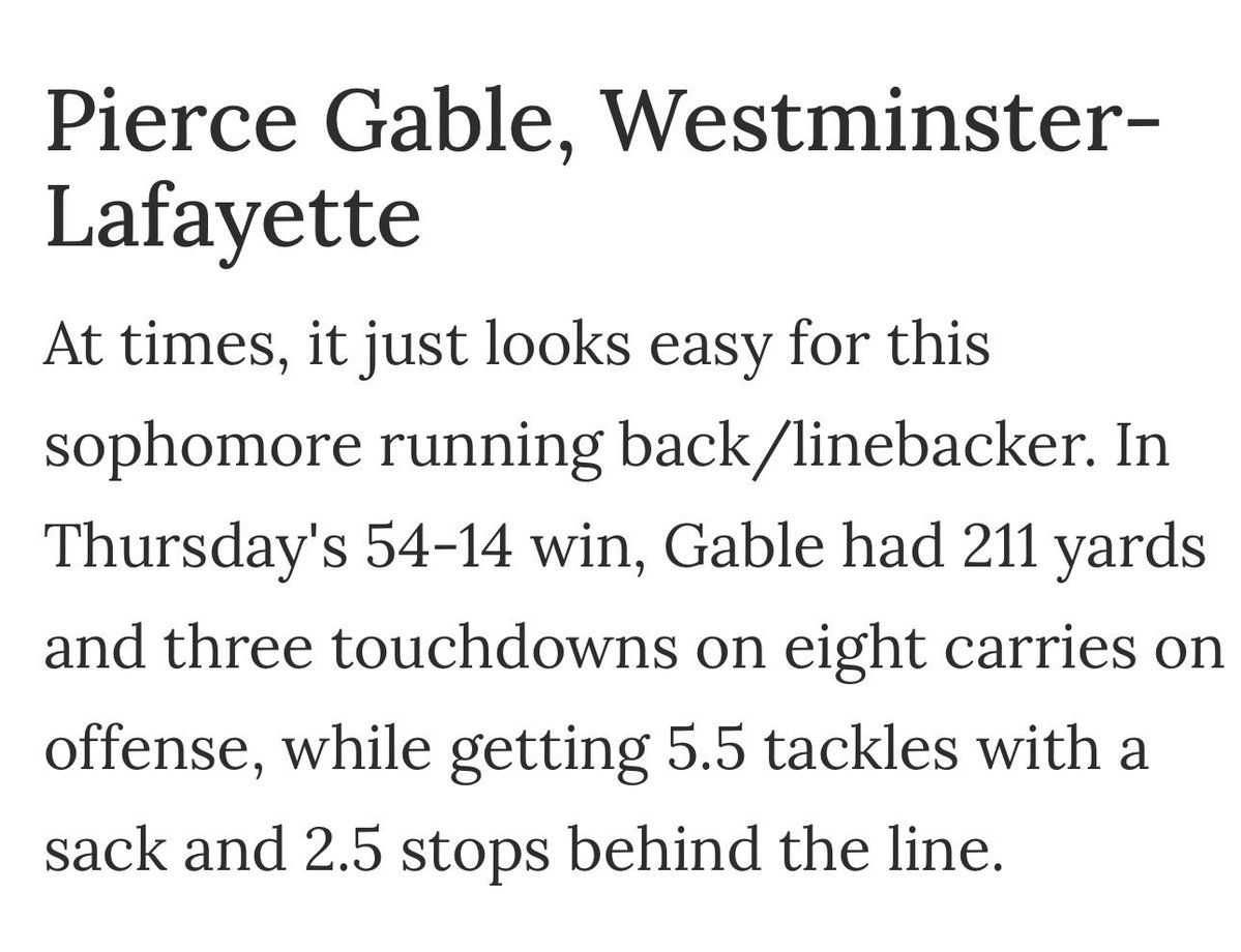 PierceGable29's tweet photo. Week 4:

211 yards &amp; 3 TDs on 8 carries
5.5 tackles | 1 sack | 2.5 TFL

All in one half. Great team win!

Thanks for the recognition @KevinFoote!

@coach_martin8 @PrepRedzoneLA @Rivals @theadvocateaca @MikeCoppage1 https://t.co/nxD9J60EYo