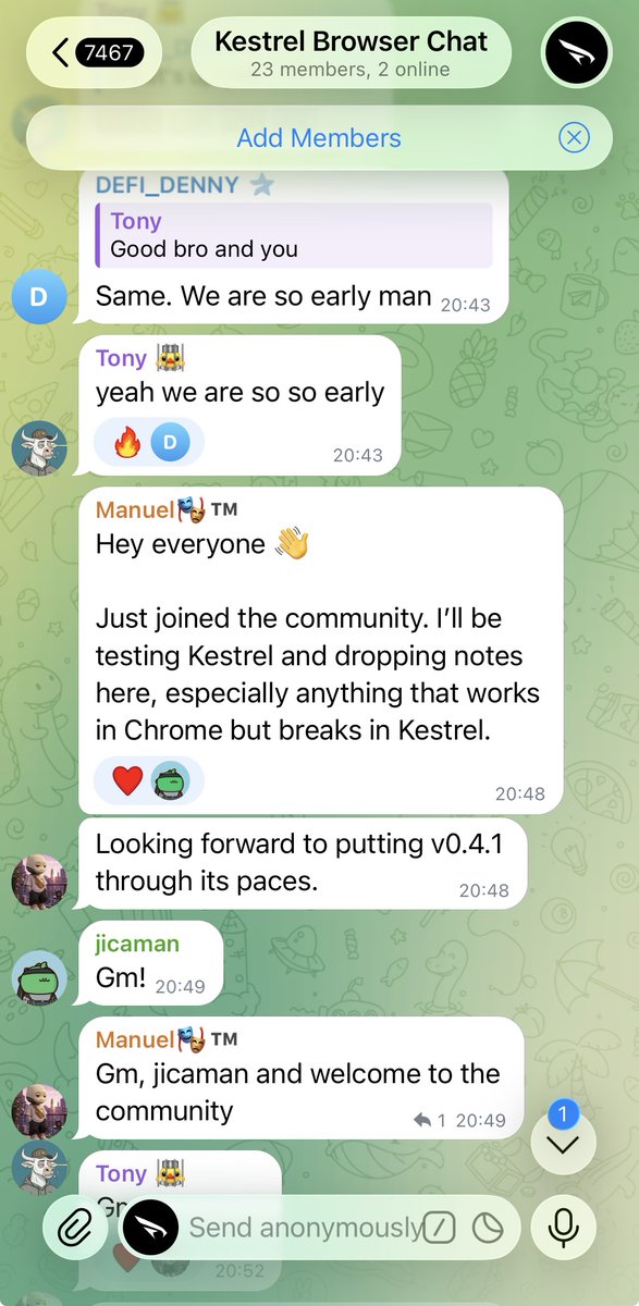 kestrelbrowser's tweet photo. The Kestrel Browser community has a home now. 🦅

Our Telegram group is open and everyone is invited: traders, builders, first timers and everyone who's been here from the start. Ask anything, share what you catch, help shape what's next.

Pull up a chair: https://t.co/qcRFaMFPWF