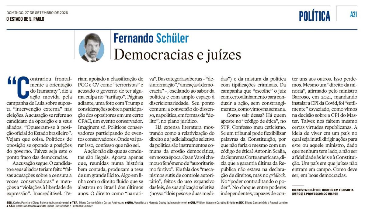 fernandoschuler's tweet photo. "Em boas democracias, juízes não entram em campo". Meu artigo no @Estadao https://t.co/gUg7Yg3guc