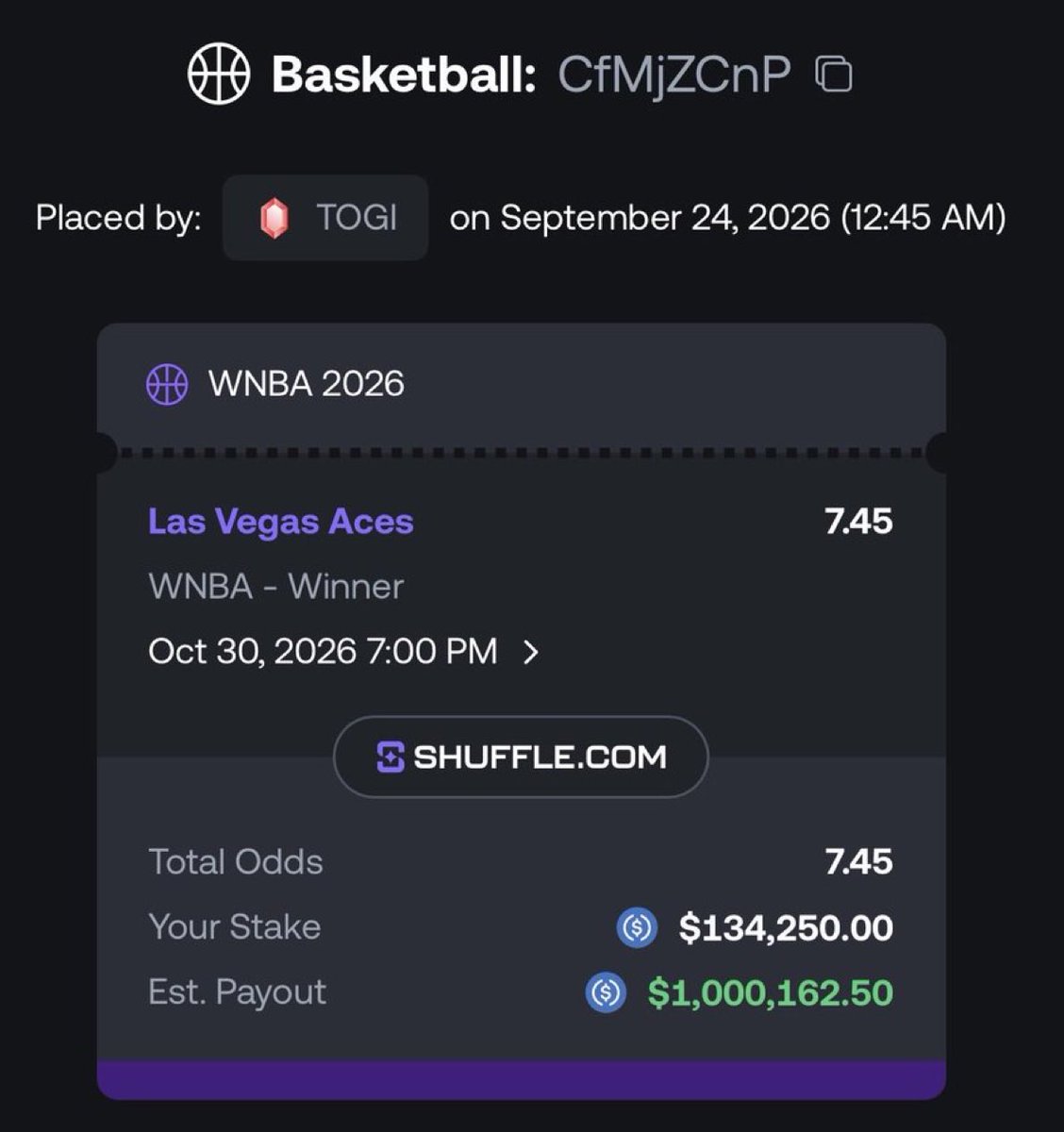 ShaneStoffeir's tweet photo. WNBA is my favorite sport to bet on 

If the aces win it all, I’ll tip one persons account $50k https://t.co/u33kGY3HDO