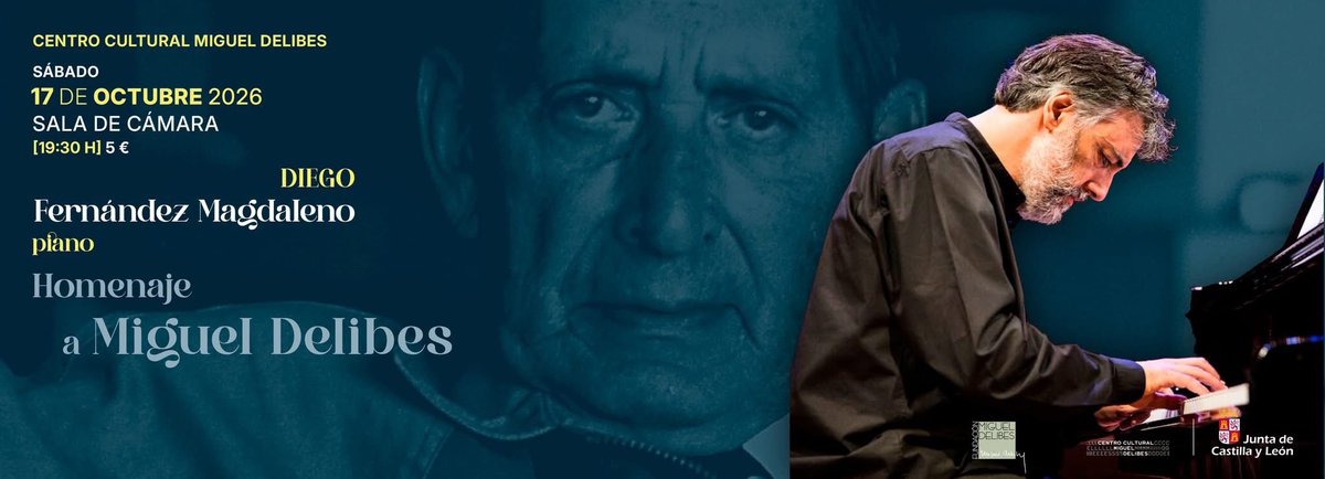 DiegoFMagdaleno's tweet photo. Recital de piano de #DiegoFernándezMagdaleno. 
Homenaje a #MiguelDelibes. 

📍Centro Cultural Miguel Delibes. Sala de Cámara. 
🗓️Sábado, 17 de octubre de 2026. 
🕢19.30 horas. 
🎫Entradas: https://t.co/56ZUzKcyWD https://t.co/Kakkz2rmiB