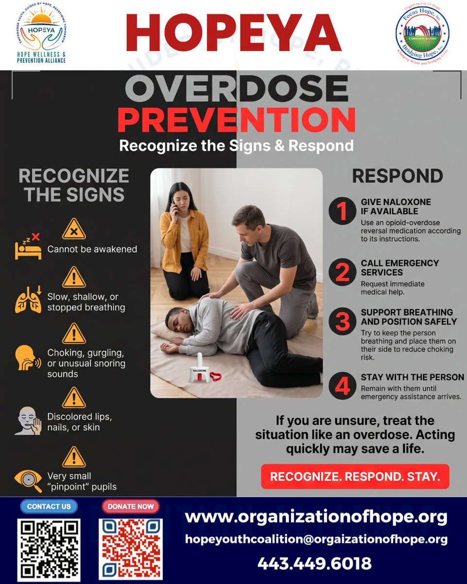 orgofhope's tweet photo. "Knowing the signs of an overdose can help save a life. Learning how to recognize an emergency and respond quickly can help individuals and communities be better prepared to protect one another.
#HOPEYA #OrganizationOfHope #OverdosePrevention #HarmReduction #CommunitySafety" https://t.co/cTFvG2j38R
