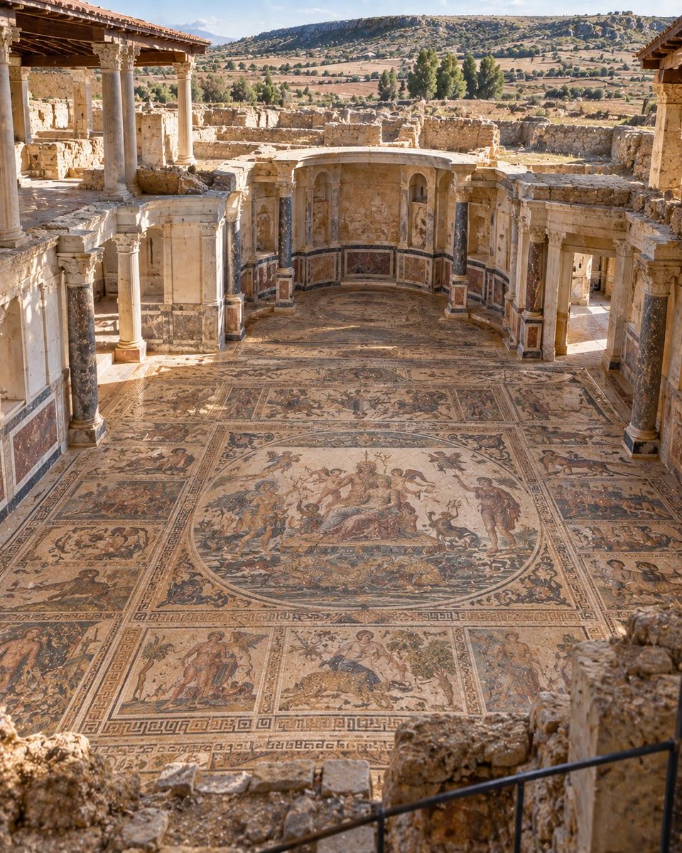 Sebastian023456's tweet photo. Noheda, en Cuenca, guarda uno de los mosaicos romanos más extraordinarios: más de 231 m² de pavimento figurativo del siglo IV, con escenas mitológicas, teatrales y cotidianas. Un tesoro de la Hispania tardorromana. #Roma #Mosaicos #Arqueología https://t.co/RhTS6q9tEC