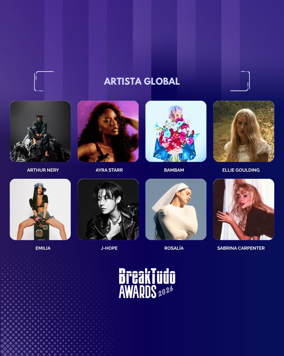 breaktudoawards's tweet photo. 🌍 Em quem você está votando para Artista Global no BreakTudo Awards 2026? Os indicados são:

🌐 Arthur Nery (@ArthurMNeryy)
🌐 Ayra Starr (@ayrastarr)
🌐 BamBam (@BamBam1A)
🌐 Ellie Goulding (@elliegoulding)
🌐 Emilia (@emimernes_)
🌐 J-Hope (#JHope)
🌐 Rosalía (#Rosalía)
🌐 Sabrina Carpenter (@SabrinaAnnLynn)

🗳️ Vote no seu favorito quantas vezes quiser em:
🔗 https://t.co/qX1iUz4oLX
⏳ Você pode votar até 17 de outubro.
#BreakTudoAwards