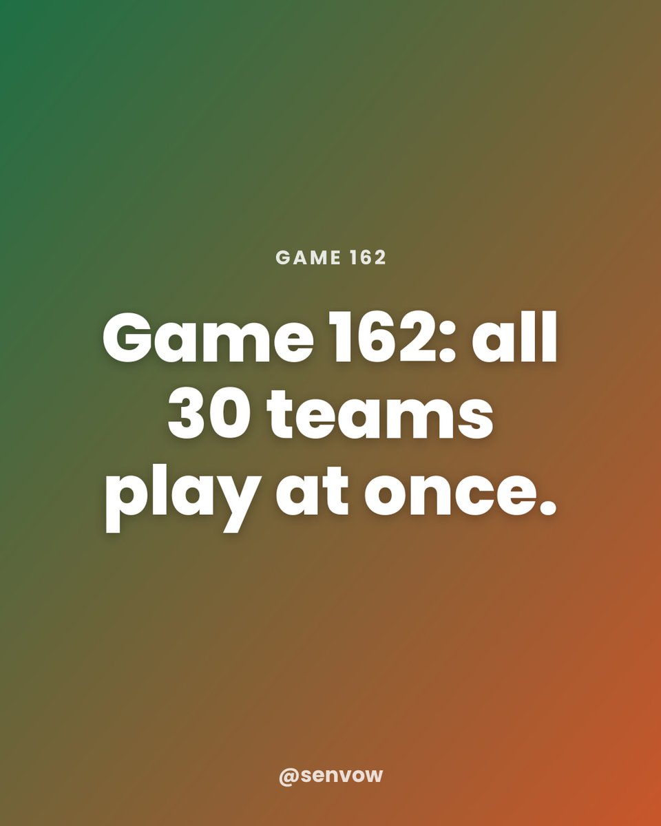 senvow's tweet photo. Baseball calls the last day of the regular season Game 162, and this year all 15 games start between 3:00 and 3:20 Eastern. Are you watching?

#Game162 https://t.co/h0SGyRHovp
