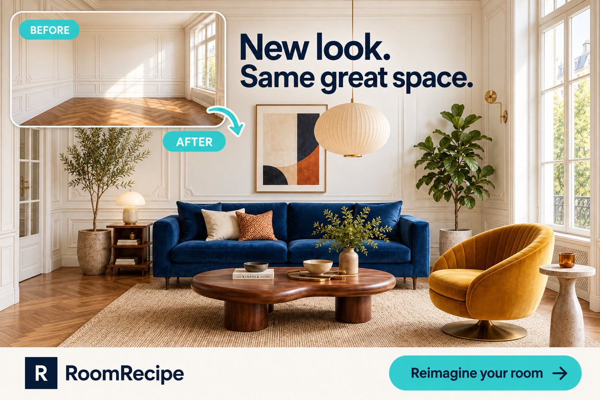 RoomRecipe_RR's tweet photo. See what your room could become!! 

✨Navy velvet, mustard accents, and warm wood turn an empty space into an inviting living room. Reimagine yours with RoomRecipe.

#BeforeAndAfter #LivingRoomMakeover #HomeDecor #RoomRecipe https://t.co/7EKB4FOHPL