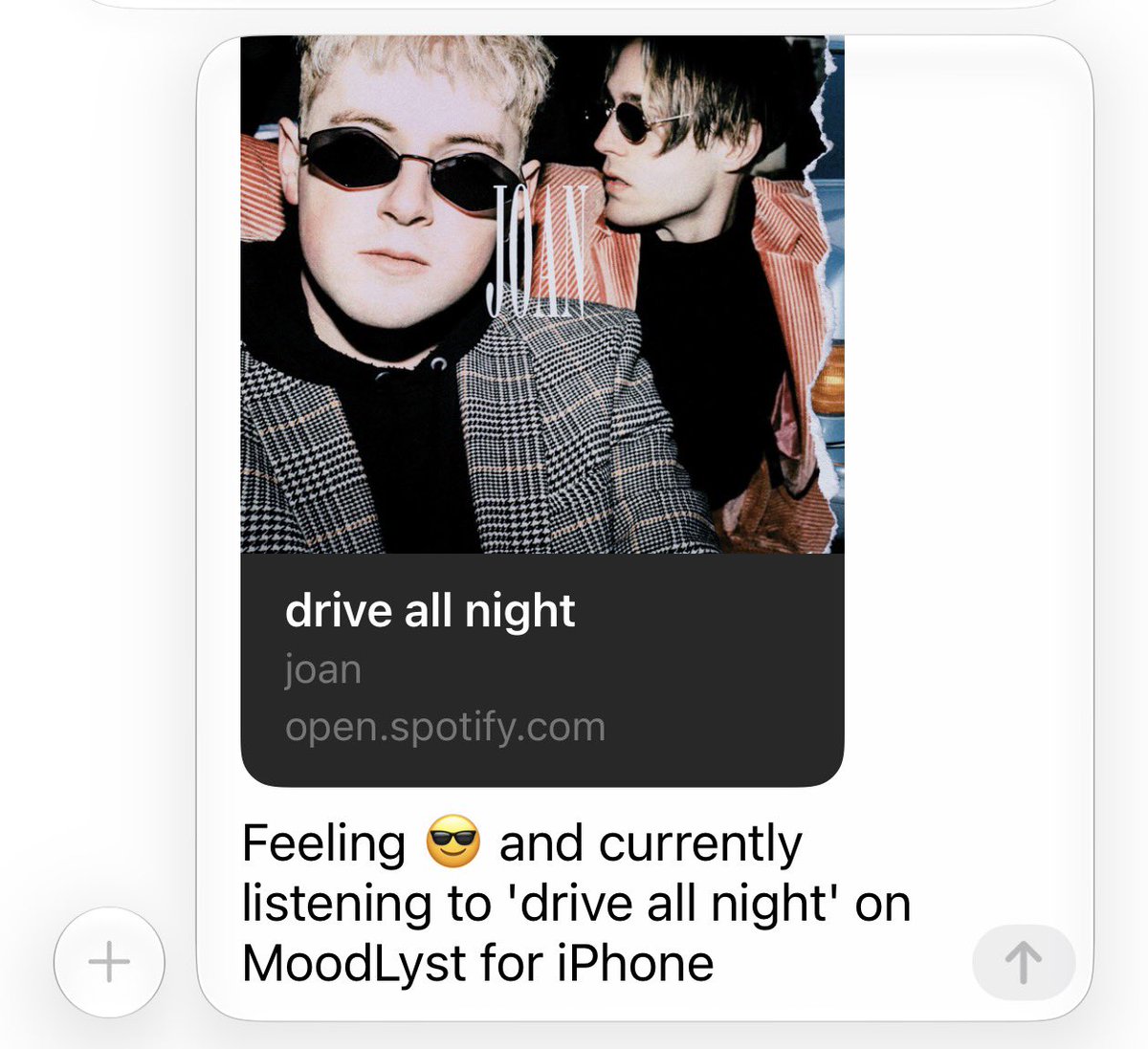 moodlystapp's tweet photo. Mood text and rich previews for both @AppleMusic and @Spotify shares are fixed in version 4.1. 

/ Feat. @illpeach - “RODEO” + @songsbyjoan - “drive all night” https://t.co/Jn0A3QNhrC