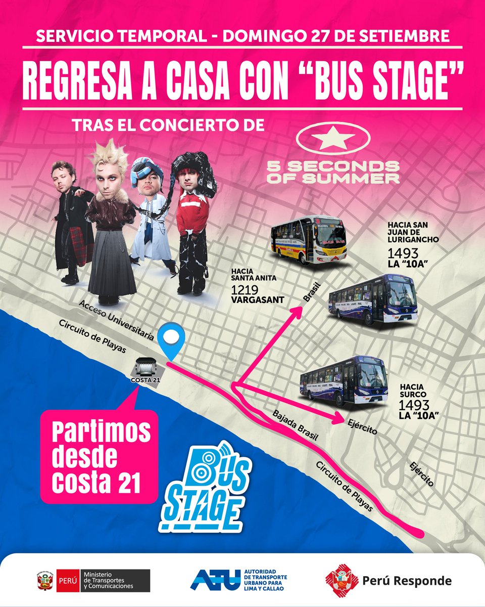 ATU_GobPeru's tweet photo. 🎤💗 Si HOY vas a ver a 5 Seconds of Summer en Costa 21, al finalizar el concierto podrás abordar el servicio temporal #BusStage 🚌 con la ruta 1219 hacia Santa Anita y la 1493 hacia San Juan de Lurigancho o Surco. https://t.co/xKIwvA9wLU