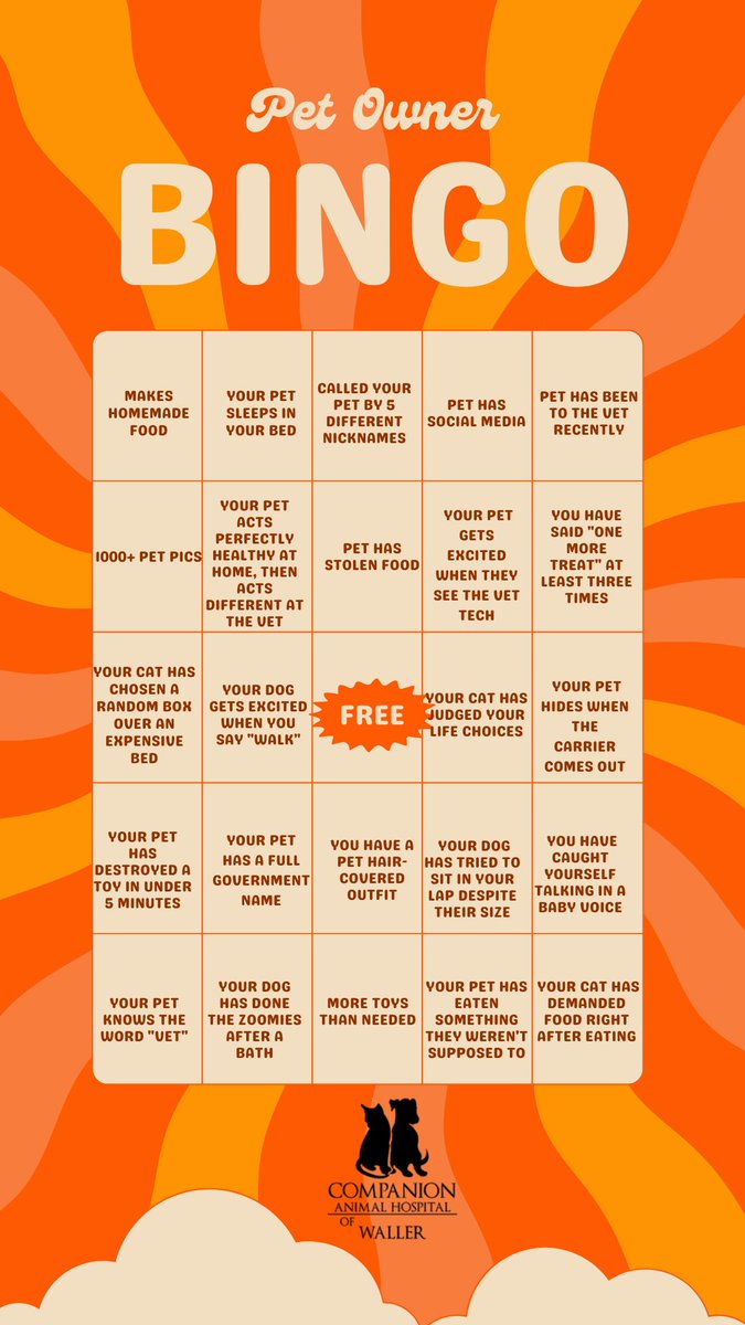 cahofwaller's tweet photo. It's time to see just how obsessed you are with your fur babies! 🐾🤍 Play along with our Pet Owner Bingo, screenshot your card, and tag us in your results! 🐶🐱✨
#VetClinic #TagAFriend #PetParents #AnimalLovers https://t.co/E8kcRVDVwY