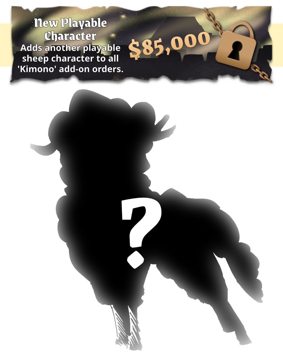 KadenaEnt's tweet photo. Reaching $85,000 in funding will unlock a new playable character added to all 'Kimono' add-on orders.

We're still working out the details and can only share a sketch silhouette of this new sheep today. The full design and kit details will be revealed after the goal is reached! https://t.co/JseF8rUv3P