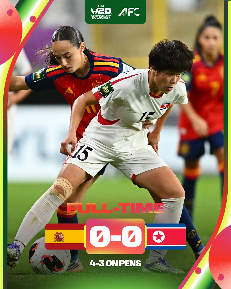 TheAWCL's tweet photo. 𝗙𝗧 | 🇪🇸 Spain 0️⃣-0️⃣ DPR Korea 🇰🇵 (4️⃣-3️⃣ on pens)

DPR Korea’s magnificent #U20WWC run ends in penalty shootout heartbreak at the final hurdle. https://t.co/x5WL99qI2g