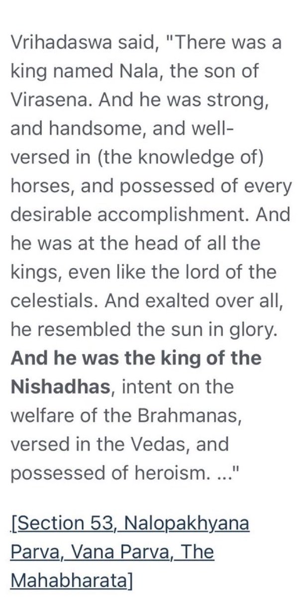 MumukshuSavitri's tweet photo. Don’t lecture me about casteism in Mahabharata when you are the one who has never read either it or the Ramayana, but love to comment as if you are an expert just so you can demonize Hinduism. 

First go read the Ramayana to see how much respect Shree Rama gave to Guha, of the niṣāda tribe. He was Rama’s childhood friend and described as dear to him as his own life.

In the Mahabharata too - Eklavya was a Royal prince of niṣāda tribe. The grand King Nala of Nala Damayanti fame was also royalty of niṣāda tribe.

Stop trying to peddle your nauseating casteist agenda on the basis of your utter ignorance about Hindu epics.