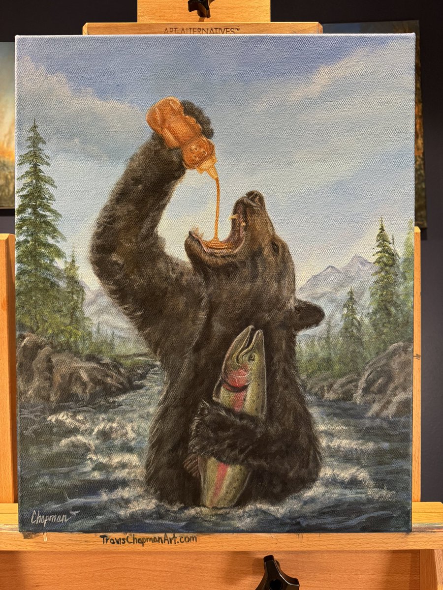 Travispaints's tweet photo. I painted a honey chugging bear with emotional support salmon https://t.co/aYzkelFTOw