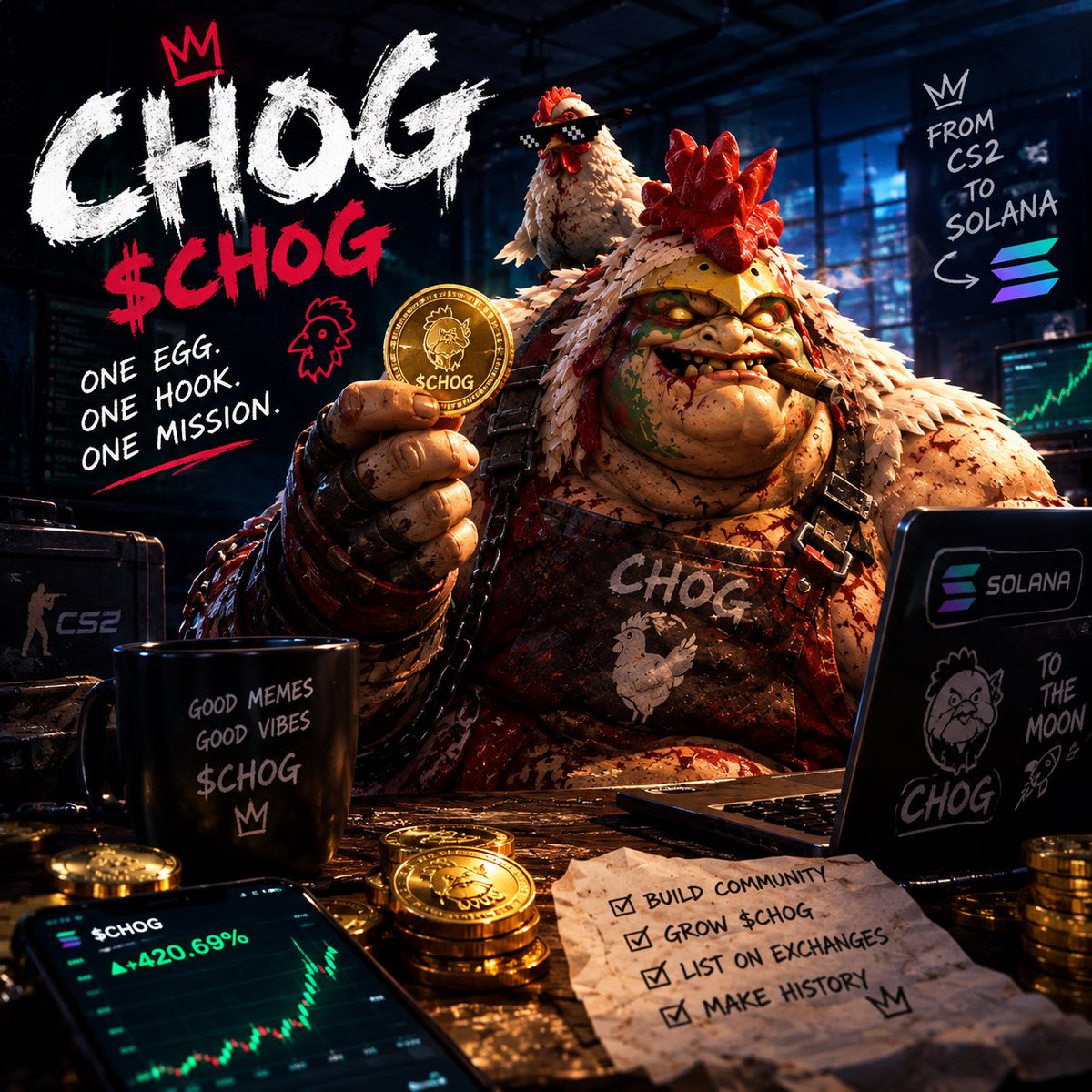 CHOGHQ's tweet photo. THE CHOG HAS LANDED. 🐔💀

One egg. One hook. One mission.

From the battlefield to the blockchain.
$CHOG is here.

🐔 Chicken energy
🪝 Hook mentality
⚡ Built on Solana

Welcome to the CHOG era.

#CHOG #Solana #Memecoin https://t.co/uPqqxnugtV