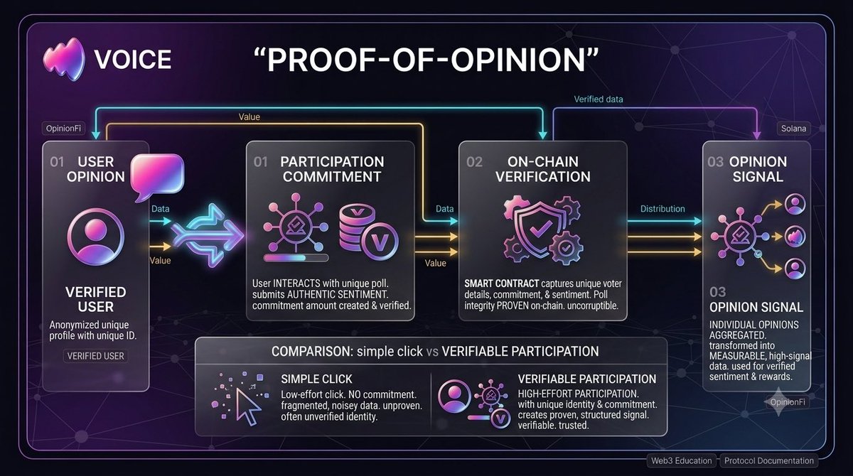 DeathWeb3's tweet photo. Proof-of-Opinion

One of the interesting mechanics is Proof-of-Opinion.

Instead of making every vote identical, VOICE uses participation commitment to give an opinion weight.

Your action becomes more than:

“I clicked a button.”

It becomes a verifiable on-chain participation signal.