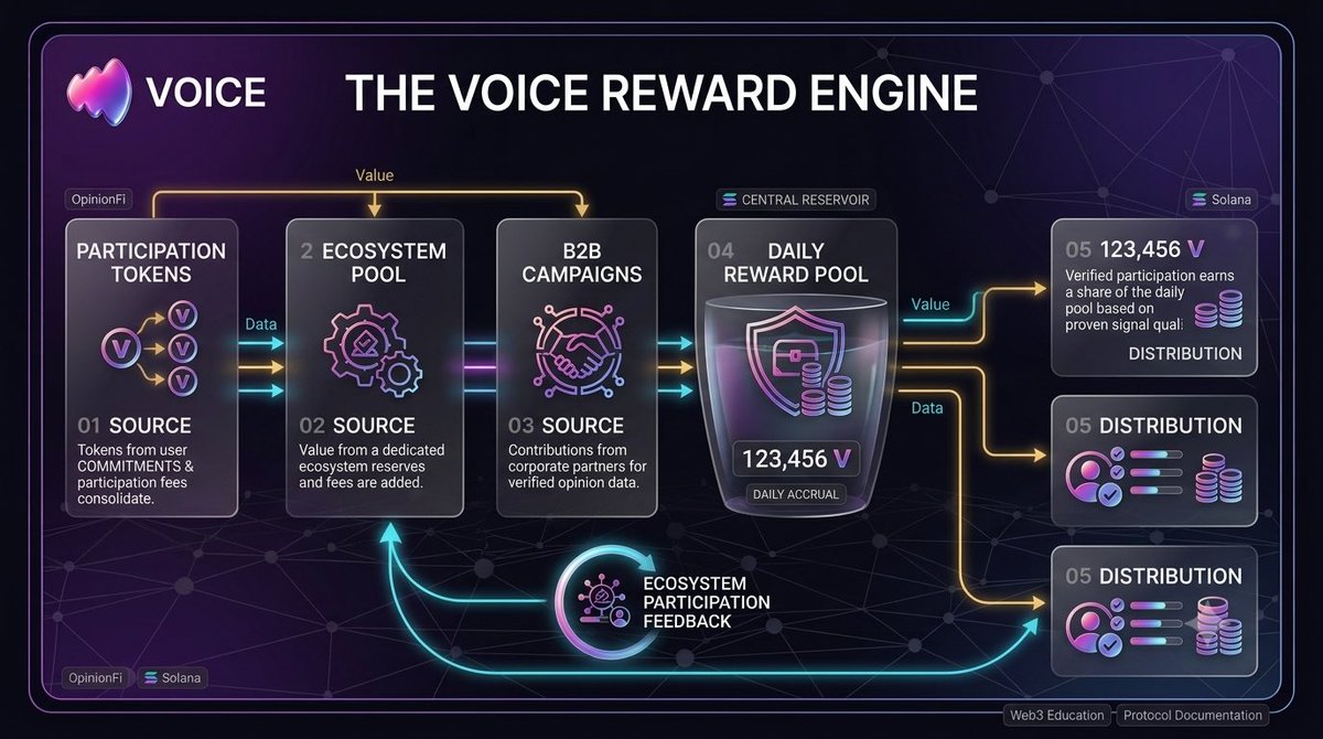 DeathWeb3's tweet photo. Where the reward pool comes from

The ecosystem has several value flows.

According to VOICE:

Participation tokens

Ecosystem pool

B2B campaign inflows

↓

Daily reward pool

↓

Participants

This creates a loop connecting user participation with the wider ecosystem. https://t.co/oPfD8HwgLR
