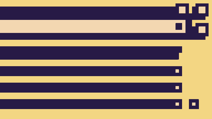A pixelated graphic with dark purple horizontal bars on a yellow background, featuring small square elements with checkmarks in the upper right corner, resembling a stylized menu or interface design.
