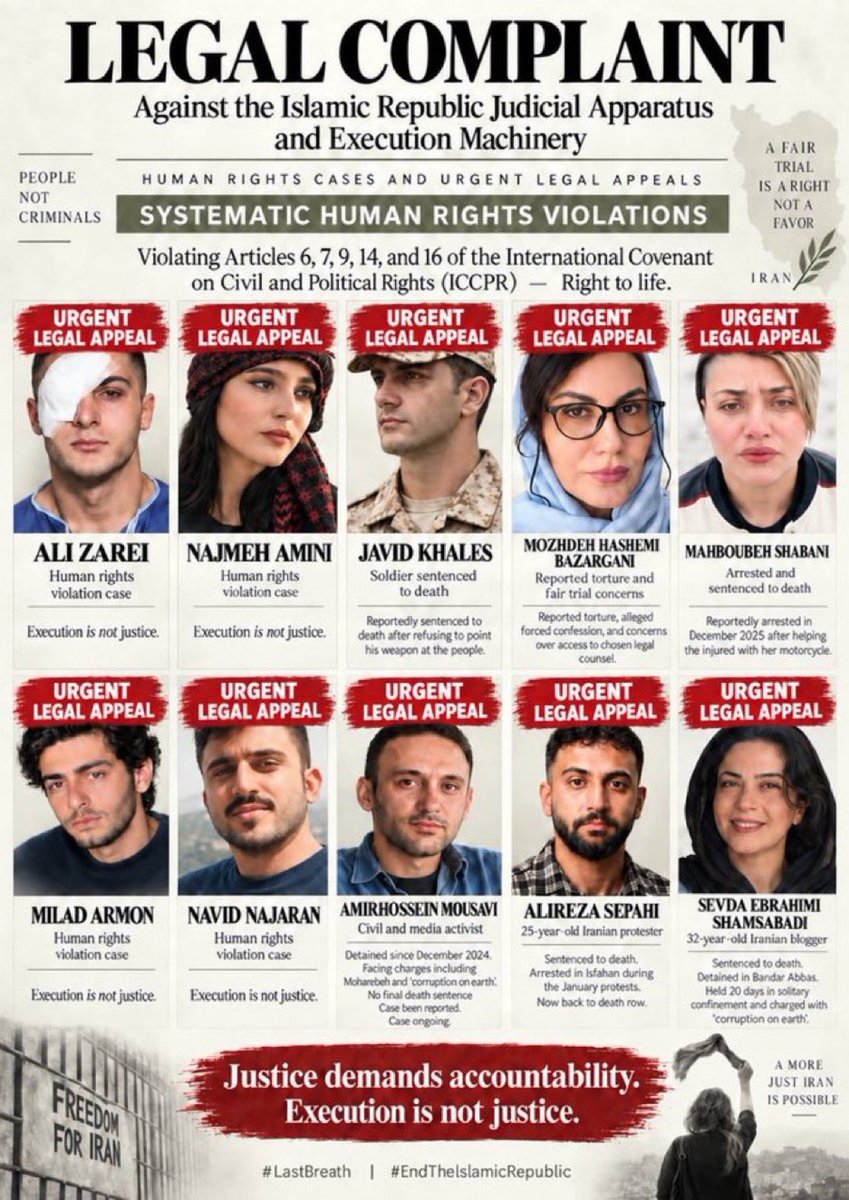 Mary_Persis2's tweet photo. Iran’s judiciary is still a killing machine.

Political prisoners face torture, sham trials, and the gallows.

No independent lawyers. Forced confessions. Death as policy.

These are names:
•  Ali Zarei, 27 — blinded in 2022 protests; death sentence, Ghezel Hesar
•  Sevda Ebrahimi Shamsabadi, 32 — blogger with MS; death sentence, Bandar Abbas
•  Alireza Sepahi, 25 — Isfahan protester; once saved from hanging, now back on death row
•  Mahboubeh Shabani — arrested for aiding the injured; death sentence
•  Mozhdeh Hashemi Bazargani — beaten, forced confession; death sentence
•  Amirhossein Mousavi (“James Bidin”) — detained since Dec 2024; facing moharebeh
•  Javid Khales — soldier who refused to shoot protesters; death sentence
•  Najmeh Amini. Navid Najaran. Milad Armon. More names. More lives.

Demand now:
• Release all political prisoners
• Halt executions
• Accountability for systematic abuse
Silence is complicity. Stand with them.

@UNHumanRights @amnesty @hrw @IHRights @ICHRI @ICHRI_Fa @article19org @RSF_inter @iranhrs_en 

#LastBreath
#EndTheIslamicRepublic