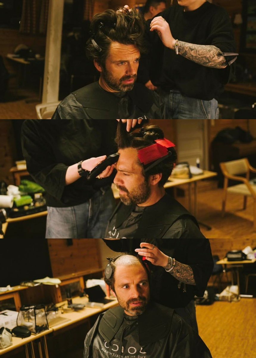 FilmUpdates's tweet photo. Sebastian Stan (going bald) on the set of ‘FJORD’ https://t.co/fV9jIbVvNT