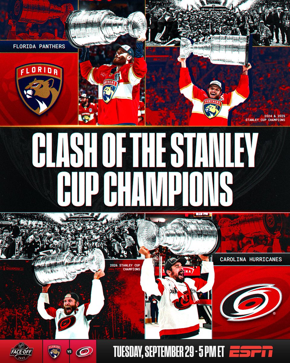 The last two #StanleyCup champions kick things off on opening night! 🏆 #NHLFaceOff 

📺: @​FlaPanthers vs. @​Canes Tuesday at 8 PM ET on @​espn⁣ 
 [📷](https:/