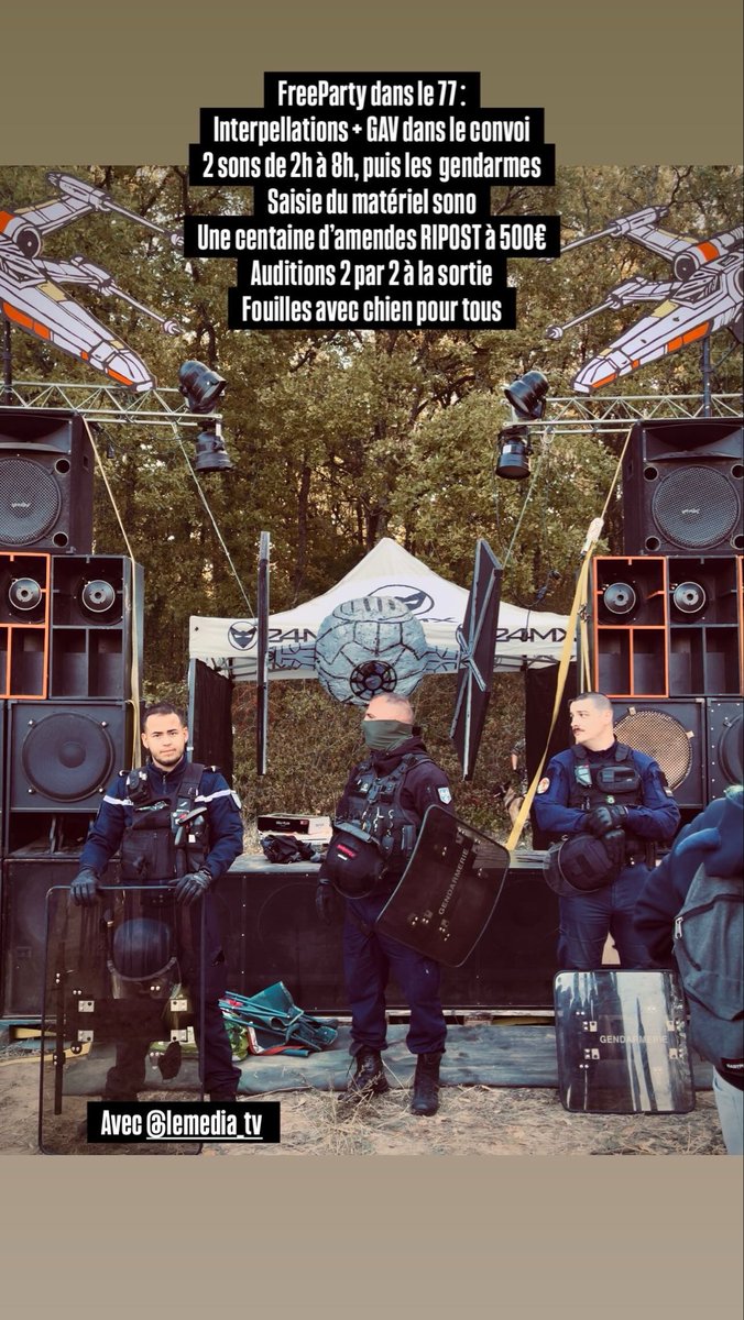 GaspardGlanz's tweet photo. FreeParty en Île de France ce WeekEnd.

Stratégie gendarmerie locale : Médiation. « Vous coupez + rangez = vous pouvez partir av le matos ». 

Sauf que : 
Le sous préfet se réveille et débarque sur zone av une compagnie de GM, Tous nassés, amendés (500€/pers) et matériel saisi. https://t.co/107JUqBmXO