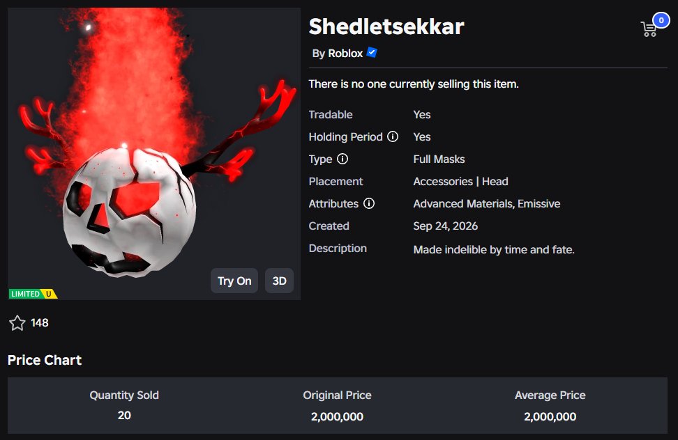 Rolimons's tweet photo. Shedletsekkar just released as a new Limited U with 20 stock for 2,000,000 Robux. It already sold out.

This was the first Limited U in a very long time. Hopefully Roblox does more of them!

Link: https://t.co/c3ZG90uOC7 https://t.co/QdgK1inulY