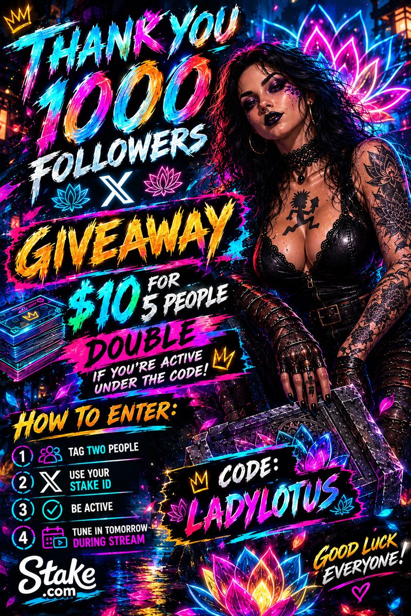 LadyLotusKick's tweet photo. Thank you for the 1k followers!!!! LETS DO A GIVEAWAY!!!!  $10 to 5 people ($20 is active under code LadyLotus) Rules to enter: Follow this page, Retweet, Tag 2 people, and post Stake Id.  Drawing winners after stream tomorrow 9/28. https://t.co/MttXOSfrGn @stake @Stake_Angels  @kick @kickcommunity  @KickPartner @Club