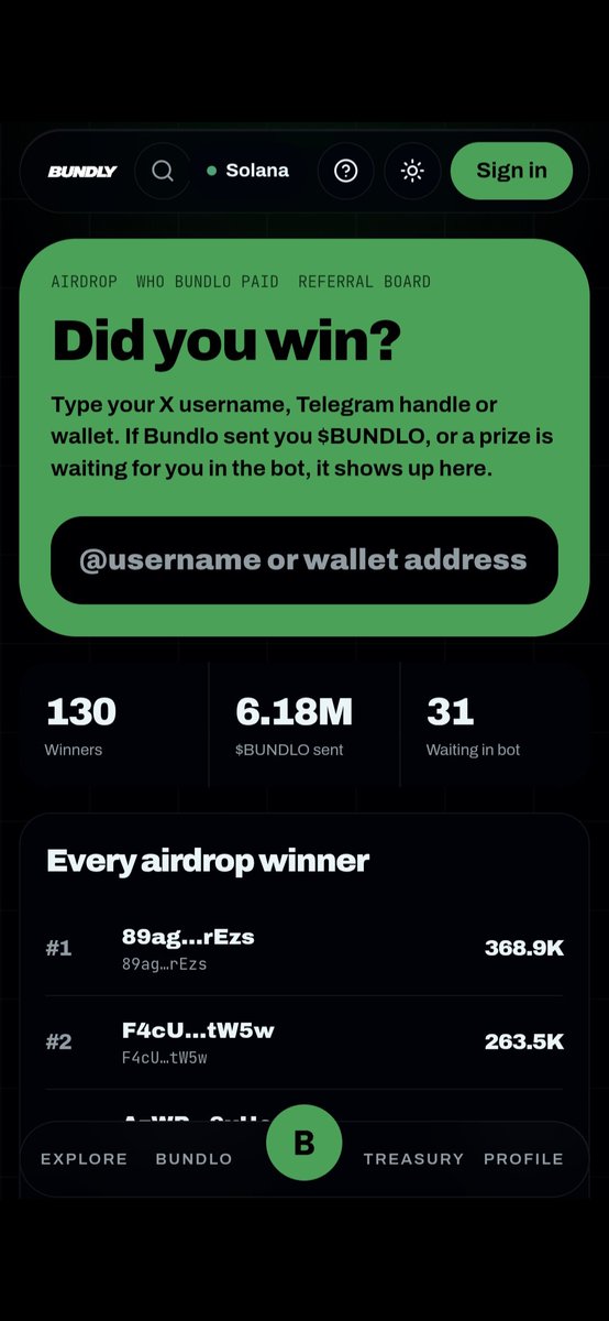 UseBundly's tweet photo. you asked for it. we shipped it

Did I Win? is now live

And btw the airdrop doesn’t stop here

Check our treasury and see how much we still have available 👀

This is just the beginning

130 winners

6.18M $BUNDLO sent

31 prizes pending in the Telegram bot

Check if you won the $BUNDLO airdrop by searching your:

• X username
• Telegram handle
• wallet

You can also see the full list of winners

we’re bullish 🔥

check yours: 

https://t.co/McFcgUXncE⁠