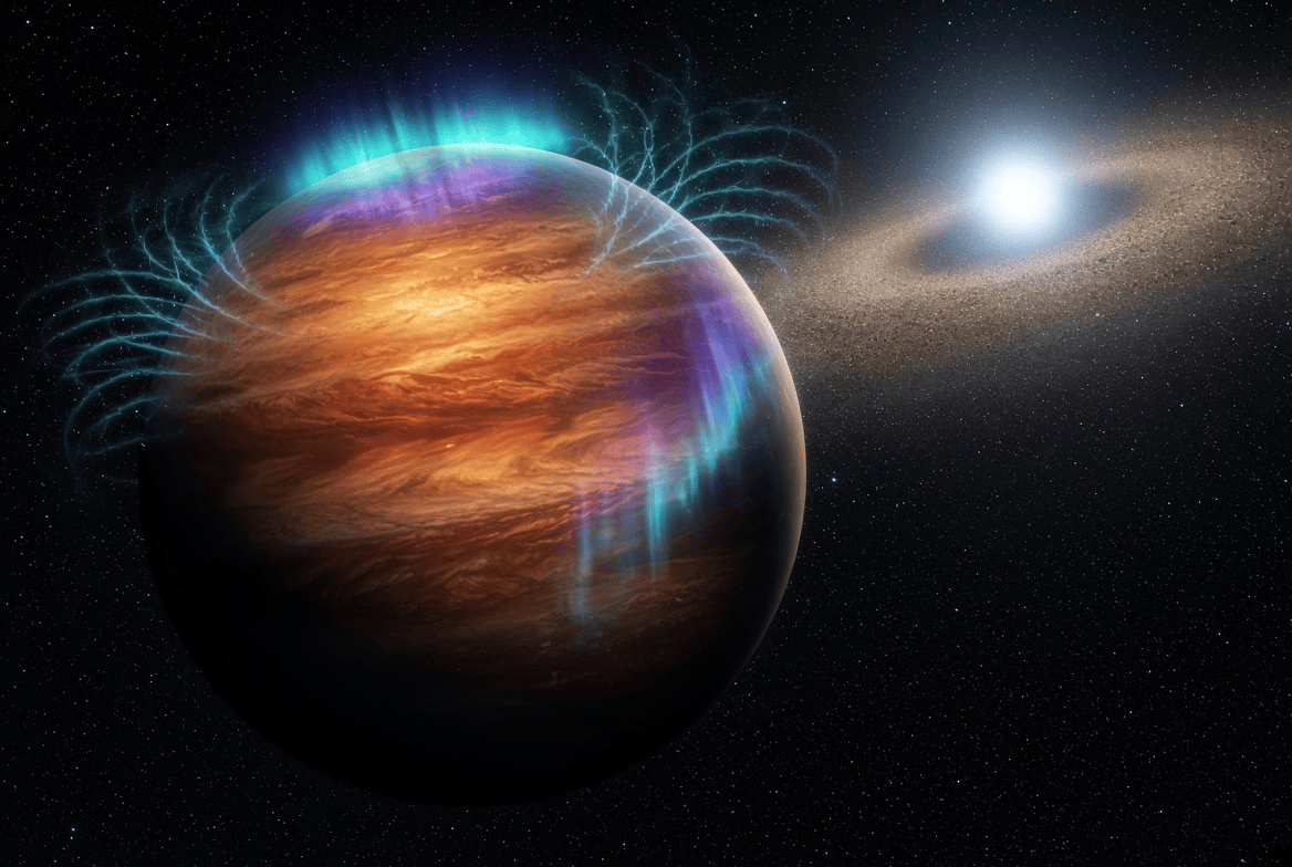 konstructivizm's tweet photo. A planet just spoke to us on the radio.

Not a metaphor, and not aliens. For the first time, astronomers have caught a radio signal that comes from an exoplanet itself rather than from its star. The voice belongs to Beta Pictoris b, a young gas giant 63 light-years from Earth. Those bursts did more than announce the planet’s presence: they let scientists measure an exoplanet’s magnetic field directly for the first time.

Beta Pictoris b is a heavyweight, about 12 times the mass of Jupiter. It orbits a young A6V star at roughly 1.5 billion kilometers — about as far as Saturn sits from the Sun. The system is only around 23 million years old. The planet is still hot, massive, and unusually convenient to study. Worlds like this were long expected to have strong magnetic fields and vivid auroras. Now one of them has been heard.

In 2025 and 2026, South Africa’s MeerKAT radio array watched the system four times. Between 0.85 and 3.5 GHz it recorded two kinds of emission: a relatively steady glow and short, repeating bursts. The most telling clue was strong circular polarization. The radio waves arrived as if they were traveling in a corkscrew; some bursts reached about 70 percent polarization. That is the signature of charged particles spiraling in a planetary magnetic field — the same process that powers auroras on Earth and Jupiter.

To prove the source was the planet, the team pinned the radio source to the sky using distant quasars as reference points. The position lined up with Beta Pictoris b. The host star and the neighboring planet Beta Pictoris c were ruled out with high statistical confidence.

From the highest frequency of the bursts, the researchers inferred a magnetic field of at least 1.25 kilogauss at the emission site. That is the first direct measurement of an exoplanet’s magnetic field, and it matches theoretical expectations for a young, massive gas giant.

What powers the bursts? The leading idea is the planet’s rapid spin. One rotation takes about nine hours. In one observing session, the gap between the first and third burst was about eight hours — as if a particular region of the magnetosphere was sweeping into view. Longer campaigns will be needed to confirm that. Stellar wind and a possible moon were considered too, but both would produce a much weaker signal than what MeerKAT saw.

The discovery matters beyond this one world. Magnetic fields shape how a planet interacts with stellar wind, how quickly it loses atmosphere, and what is happening in its interior. They are almost impossible to measure around distant planets by other means. Radio emission now offers a new tool. Several other gas giants have already been flagged as candidates for the same method. Current telescopes are often not sensitive enough, but the next generation should pick up far fainter planetary voices.

Beta Pictoris b simply got through the cosmic noise first. Astronomers can now not only see distant planets, but listen to the invisible shields that surround them.