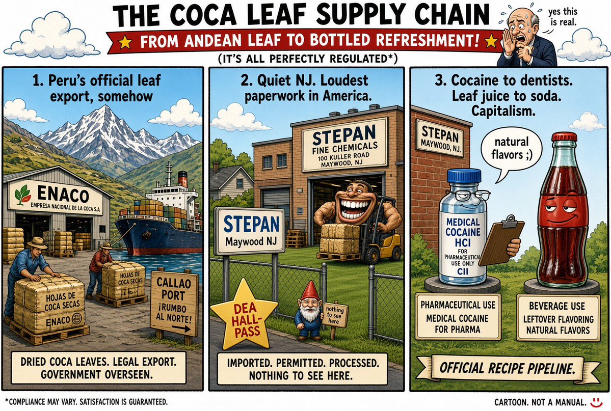 RealX_DAx's tweet photo. Peru’s state coca monopoly ships leaf bales to a quiet NJ chemical plant. Stepan, armed with a DEA hall pass, yeets the cocaine to pharma and hands Coke the leftover flavoring. Yes, that’s the official recipe pipeline. https://t.co/ehHMwhZNNF