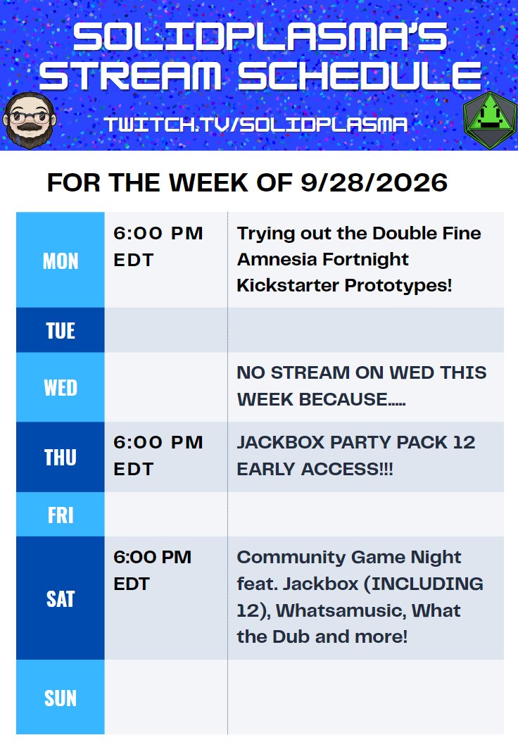 Solidplasma's tweet photo. Tomorrow, we'll be trying @DoubleFine's Amnesia Fortnight demos, so if you're also backing their Kickstarter, hit me up and we'll try Bard Crawl together!  I'm also beyond hyped to inform you that @jackboxgames has given me early access to Pack 12 for Thursday! https://t.co/eNkH4zWtZB