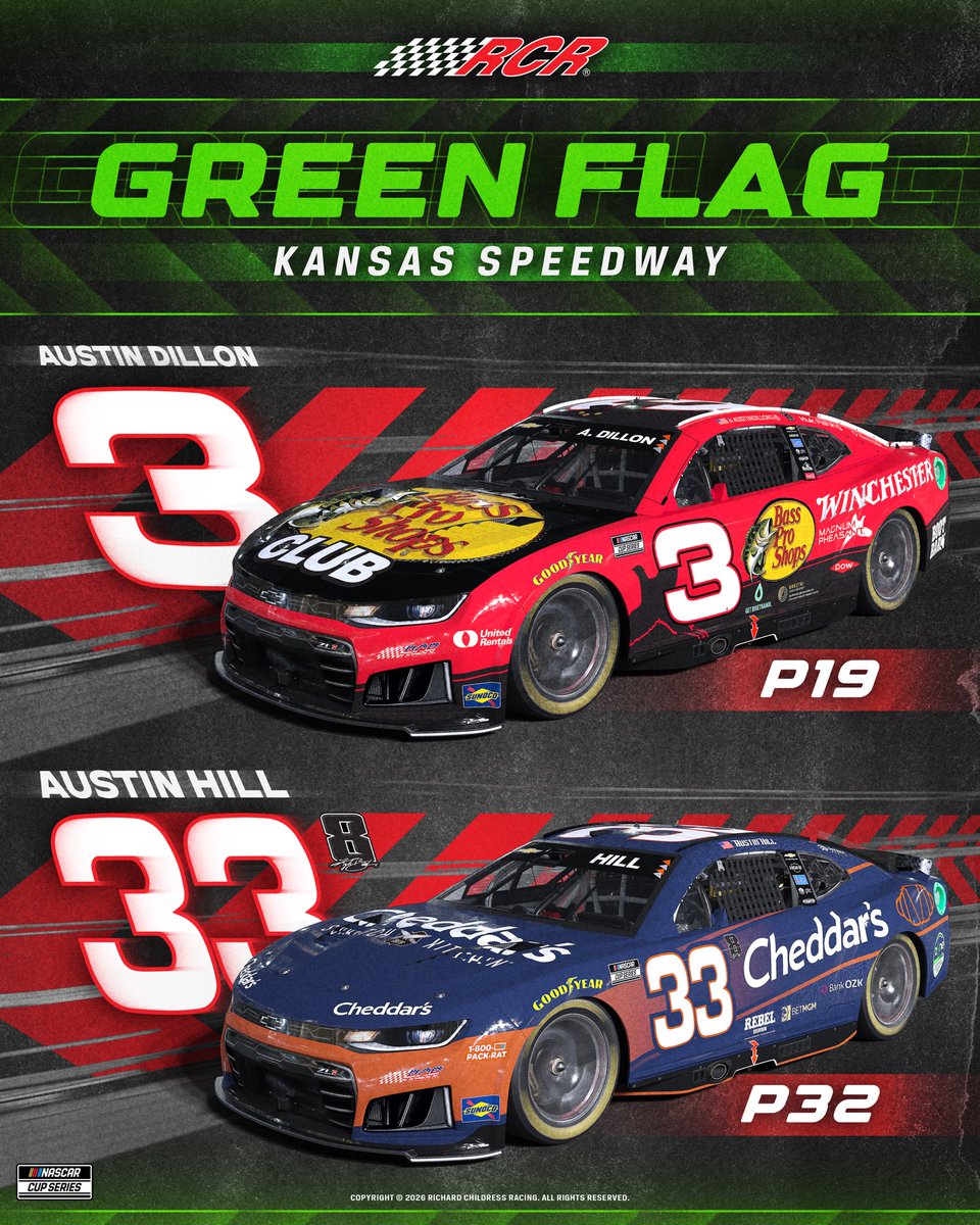 RCRracing's tweet photo. The green flag is out in Kansas! Follow all the action with @RCRupdates

267 Laps | Stage breaks on lap 80 &amp; 166

@BassProShops | @winchester | @cheddarskitchen | #CheddarsN8tion https://t.co/U65EW7M7E2