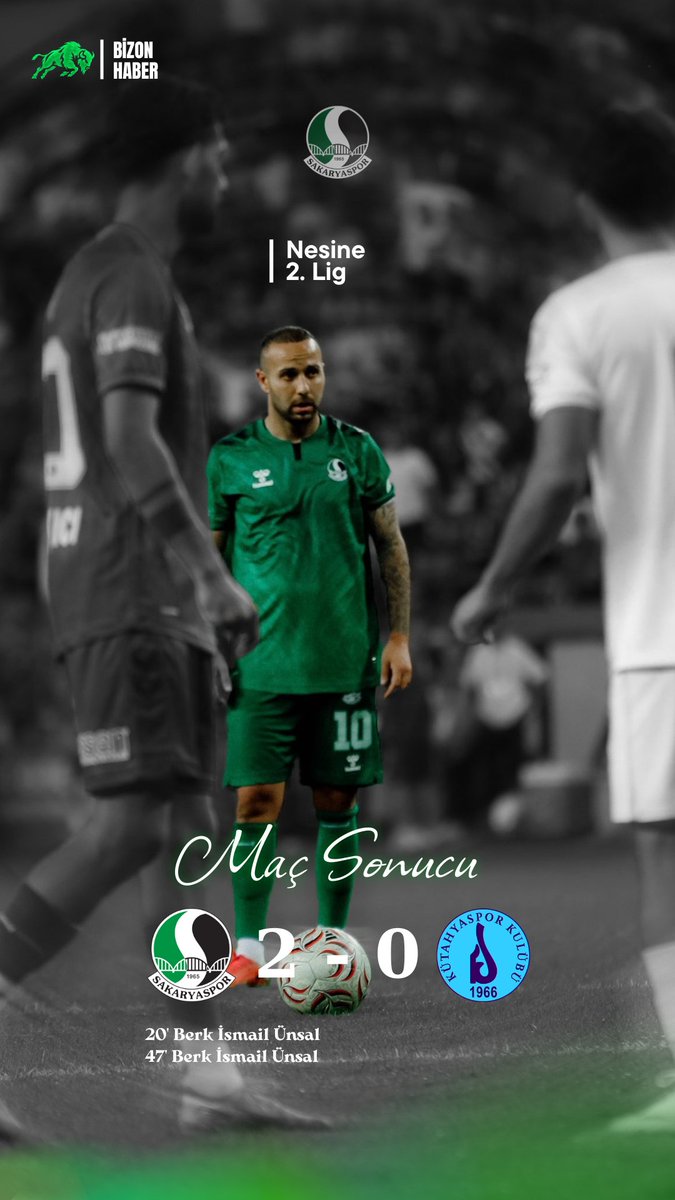 BizonHaber's tweet photo. 🟢 MAÇ SONUCU! 🦬 

Sakaryaspor 2-0 Kütahyaspor

Berk İsmail Ünsal’ın 20. ve 47. dakikalarda attığı gollerle sahadan 2-0 galip ayrıldık! 💚🔥

4’te 4! 12 puan!
#Sakaryaspor #BizonHaber #Tatangalar https://t.co/kWLaJabrK1