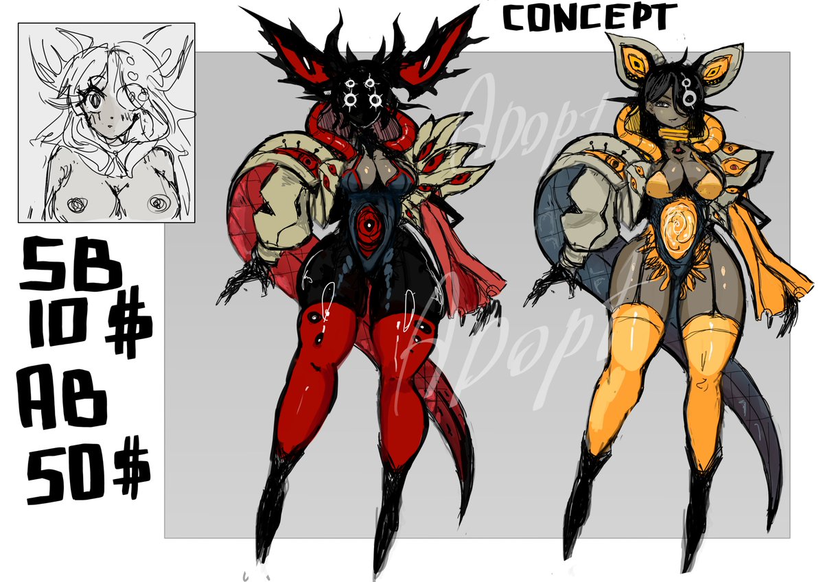 SadHarlequo's tweet photo. One with a black face, one with a living one
Design concept. Two colorways, no further rendering included.
Adoptable auction.
SB: $10
AB: $50
Bid on YCH Commishes — link in replies.
#adoptable #adoptauction #characterdesign #conceptart #monstergirl #ocadopt #YCH https://t.co/LcEs4b68aO
