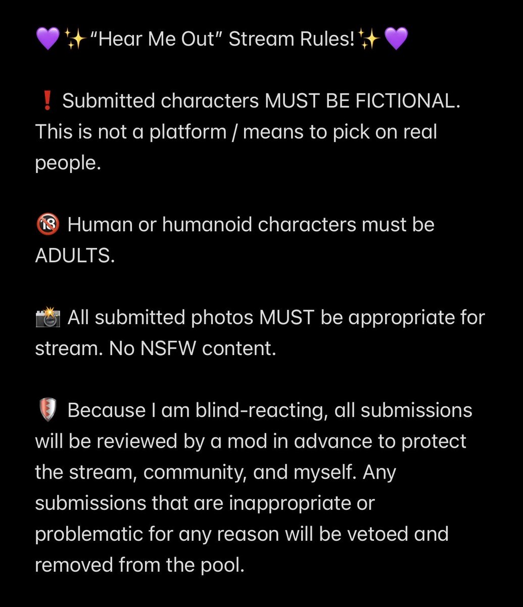 Lootsby's tweet photo. 🚨 HEY YOU! 🚨

I’m doing a “Hear Me Out” stream TONIGHT where I’m reacting to / rating your submissions! If you have any wild Hear Me Outs, please drop their name and picture in the replies! (Rules are attached!) 🦷💜✨ https://t.co/CNV5gOg8yP