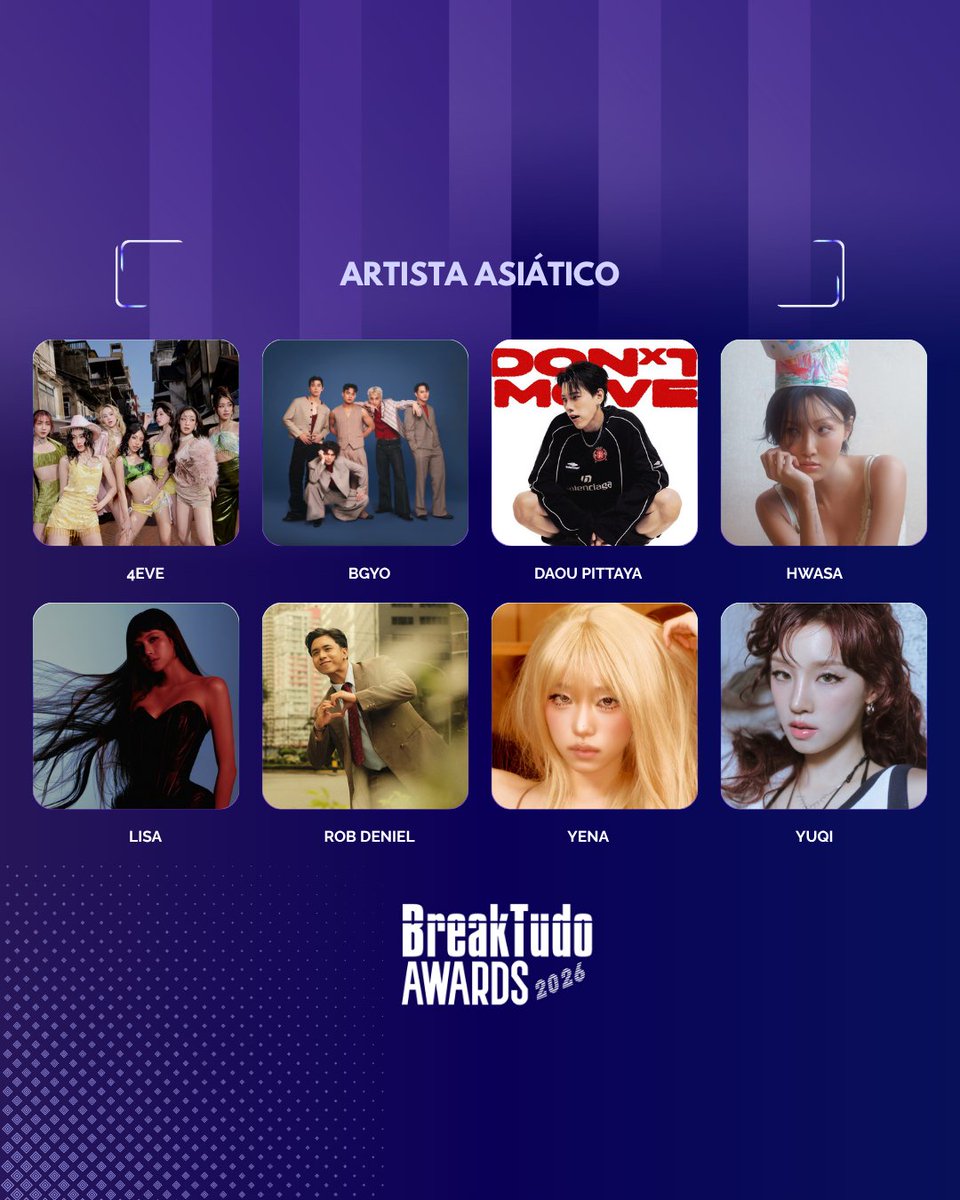 breaktudoawards's tweet photo. ๐ Vote para escolher o ganhador do trofรฉu de Artista Asiรกtico no BreakTudo Awards 2026. Os indicados sรฃo:
๐ธ 4EVE (@4eveOfficial)
๐ธ BGYO (@bgyo_ph)
๐ธ Daou Pittaya (@oueiija)
๐ธ Hwasa (#Hwasa)
๐ธ Lisa (#Lisa)
๐ธ Rob Deniel (@rob_deniel)
๐ธ Yena (@YENA_OFFICIAL)
๐ธ Yuqi (#Yuqi)
๐ณ๏ธ Vote no seu favorito quantas vezes quiser em:
๐ https://t.co/qX1iUz4oLX
โณ Vocรช pode votar atรฉ 17 de outubro.
#BreakTudoAwards