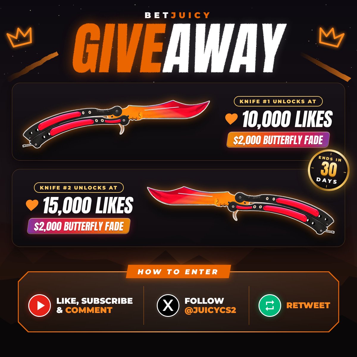JuicyCS2's tweet photo. YOUR DREAM KNIFE AWAITS YOU! 
2 Butterfly Knife | Fades! It goes to two separate winners after 30 days! (October 27th)

All you have to do:
Like, subscribe, and comment on the newest Case Opening video! (check the replies)

Retweet this post and follow me!

At 10,000 Likes on the video, we are giving away the first Butterfly Knife Fade, and if we manage to secure 15,000 Likes, we giveaway the second one!