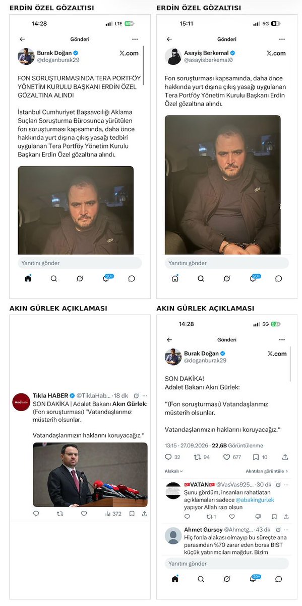 ahmetsahmets's tweet photo. Selahattin Demirtaş’tan Ekrem İmamoğlu’na dek siyasi iktidarın “düşmanlarının” yargı sopasıyla saf dışı edilmeye çalışmasında büyük emek harcayan Akın Gürlek, Şubat 2026’da Adalet Bakanı koltuğuna oturtuldu. Gürlek, savcılık döneminde siyasi davalardaki üstlendiği rol ve görev nedeniyle ortaya çıkan imajını düzeltmek için bir dizi hamle yaptı. Adalet Bakanlığı’na getirilmesi siyasi/toplumsal bir polarizasyona neden olan Gürlek, özellikle mal varlığına ilişkin tapu kayıtlarının tartışma konusu olmasından (Gürlek bu konuda delilsiz karalama, mal beyanlarının mevzuata uygun verildiği, yasal süreç başlatılacağı ve yargı görevi nedeniyle hedef alındığına dönük klasik savunmalar yaptı) sonra kurumsal siyasi meşruiyet inşası üzerinden imaj yenileme işlerini hızlandırdı.
En görünür imaj yatırımı çoğunluğu siyasi olmayan faili meçhul cinayetler oldu. Bakanlık bünyesinde birim kurduran Gürlek, yüzlerce eski dosyanın taranıp onlarca olayın aydınlatıldığını düzenli olarak açıklıyor. Bunlar içinde en önemli dosya Gülistan Doku soruşturmasıydı. Ancak Doku soruşturmasının geldiği aşamanın sahibi de Gürlek değil Tunceli Cumhuriyet Başsavcısı Ebru Cansu’ydu. Doku’nun ölümünün aydınlatılmasına dönük Başsavcı Ebru Cansu’nun emeğinden rant elde etti desek abartı olmaz. Uyuşturucu ve organize suç, bahis, sosyal medyada lüks yaşam–kara para mizansenleri, dijital suç ve dezenformasyon gibi konularla ilgili başlatılan soruşturma/kovuşturma süreçleri hep Gürlek tarafından duyuruldu.
Gürlek’in ne kadar “çalışkan” ve “hakkaniyetli” bir Adalet Bakanı olduğu imajı geleneksel medya ve sosyal medya araçlarından gözümüze sokuluyor. Böylece Gürlek kendi tabanına görünürlük üretirken yeni bir kitleyi de kazanmaya çalıştı/çalışıyor. Türkiye gündemini kilitleyen fon soygunuyla ilgili hakkında çeşitli iddialar da dile getirilen Akın Gürlek, süregiden soruşturmayla ilgili açıklamaları yapan kişi olarak sahne aldı. Hakkındaki iddialara rağmen fon soygunu soruşturmasını kararlılıkla sürdüren bir adalet bakanı görüntüsüyle Gürlek üzerindeki düşen gölgeyi yumuşatmaya çalışıyor. Bu çalışma için hem iktidar yanlısı geleneksel medya hem de sosyal medyanın trol hesapları kullanılıyor.
Sosyal medyadaki trol mekanizması, Fahrettin Altun’un yönettiği dönemde İletişim Başkanlığı tarafından kurulan bir ağla daha organize bir hale getirilmişti. Altun döneminde İletişim Başkanlığı kadrosunda olan Furkan Torlak orada edindiği tecrübeyi Adalet bakanlığına taşıyarak Akın Gürlek’in vazgeçilmezi oldu. Torlak muhalif toplumsal tabanın en çok ses çıkardığı yer olan en kalabalık sosyal medya uygulaması X’in “ünlü”, “çok takipçili” trol hesaplarının yanı sıra çeşitli medya organlarının bilinen iktidar yanlısı olmayan kimi isimlerinin de dahil edildiği bir sistem kurdu. Bir telefon hattı üzerinden whatsapp uygulamasıyla kurulan iletişimle kurulan ağla Akın Gürlek’in açıklamaları vs iletiliyor ki bunda sorun yok. Ama kamuoyunun bildiği isimlerin ya da dikkatlerin yoğunlaştığı kimi soruşturmalarla ilgili şüpheli haklarını ihlal eden bilge, belge, fotoğraf ve görüntüler ile doğrulanmamış dedikodu mahiyetindeki haberler de bu sistemle servis ediliyor. Aşağıdaki görsellerde bazı örnekler bulunuyor.
Sistem ilkin, Özgür Özel’in genel başkanlığı sırasında CHP’li belediyeleri ve kimi isimleri hedef alan Tamar Tanrıyar üzerinden işletilmeye başlamıştı. Ancak Tanrıyar’la ilgili açılan soruşturmayla yöntem değiştirildi ve bu yeni sistem devreye sokuldu.

Bu uzun girişten sonra Adalet bakanı Akın Gürlek’e sorularımıza geçelim:

1-) Adalet Bakanlığı kadrosunda Mehmet Kap siminde bir kişi çalışmakta mıdır?
2-) Mehmet Kap ismi gerçek midir yoksa sahte bir kimlik mi yaratılmıştır.
3-) Kurulan sisteme dahil edilen trol hesap sahipleri ile medya mensupları ile +905070317XXX nolu telefon hattı ile whatsapp üzerinden Mehmet Kap adıyla kamuoyu yönlendirilmesi için iletişim kuran kişi Furkan Torlak mıdır?
4-) +905070317XXX nolu telefon hattı Suriye uyruklu bir kişi adına mı kayıtlıdır?
5-) +905070317XXX nolu telefon hattı ile Furkan Torlak’ın kullanımında olan şahsi telefonlarının sinyal baz kayıtları aynı sürekli aynı konumlarla örtüşmekte midir?
6-) Söz konusu telefonların nereden sinyal verdiği, hangi baz istasyonlarına bağlandığı ve bu kayıtların Furkan Torlak’ın hareketleriyle örtüşüp örtüşmediğine dair bir teknik inceleme yaptırılacak mıdır?
7-) İletişimde olunan trol ve medya ağına dahil kişilere yürütülen soruşturmalara dair şüpheli haklarını ihlal eden biçimde bilgi, belge, fotoğraf, görüntüler ile Akın Gürlek’i koruma ve reklamı amacıyla hazırlandığı iddia edilen toplu şablon paylaşımlar, ağın yaydığı dezenformasyon faaliyetlerine ilişkin çekirdek veriler servis edilmekte midir?
8-) Telefon görüşmeleri, mesajlaşmalar, hesap giriş kayıtları, IP bilgileri, baz istasyonu verileri ve sosyal medya hareketlerine dair bir inceleme başlatarak Mehmet Kap kimliğinin arkasındaki yapının ortaya çıkarılması için bir girişiminiz olacak mı?
9-) Şüpheli haklarını ihlal eden bu yasadışı fillerden Adalet Bakanı olan sizin bilginiz var mıdır?