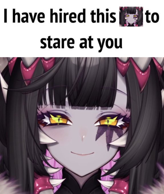 The image is a meme featuring an anime-style character with gray skin, glowing yellow eyes, and dark hair with pink horn-like accessories. The text at the top reads, "I have hired this [character] to stare at you," and the post about a cleaning cockroach stream humorously suggests the character is watching viewers to ensure they clean up properly.