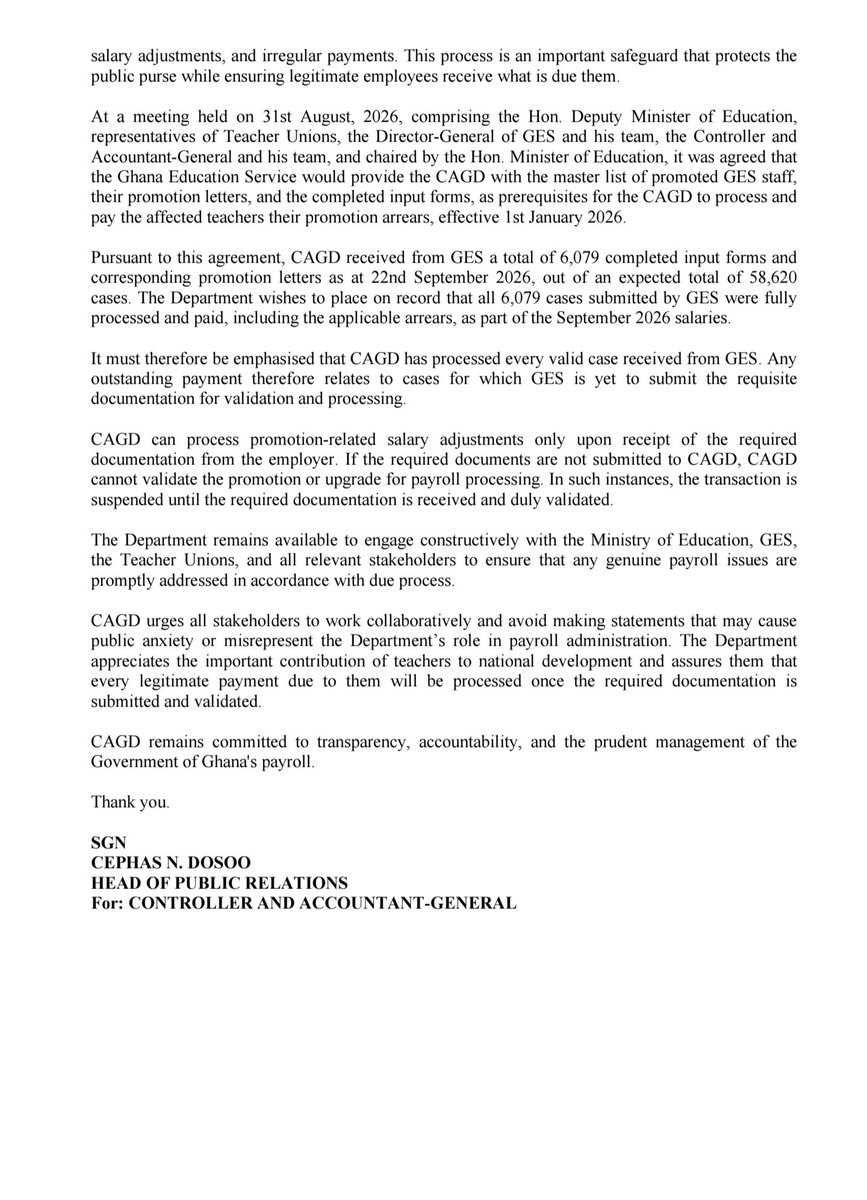 tv3_ghana's tweet photo. The Controller and Accountant-General’s Department says it has processed and paid all 6,079 teacher promotion cases submitted by the Ghana Education Service, including their arrears, in the September 2026 salaries.

The Department says outstanding cases are pending because the Ghana Education Service is yet to submit the required documents for validation and payroll processing. 

#3NewsGH #TV3GH