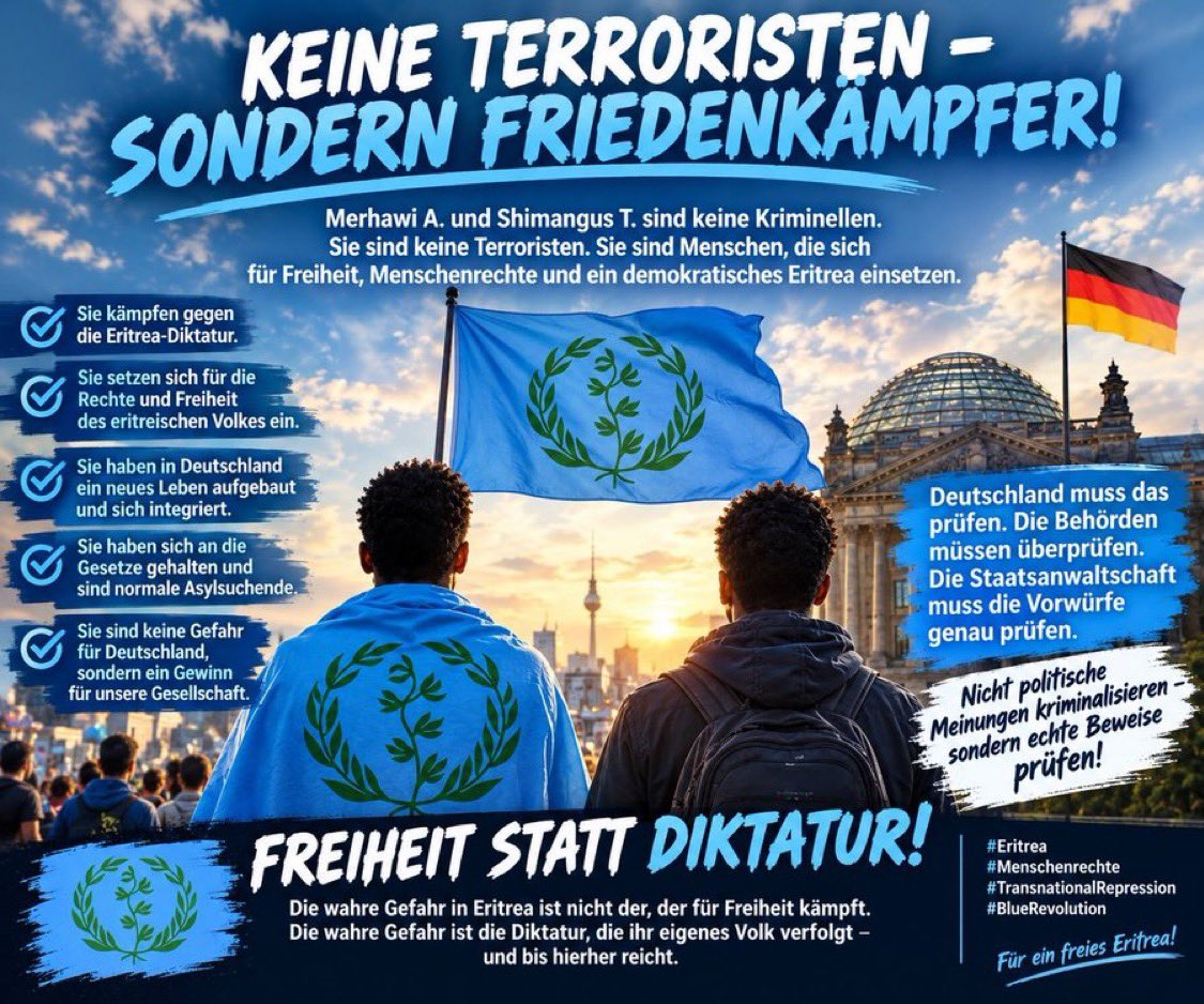 HadishMiki's tweet photo. @Ygebre1 Strijden tegen een dictatuur is geen terrorisme. Rechtvaardigheid, vrijheid en mensenrechten zijn geen misdaden.
#TransnationalRepression #Eritrea #BlueRevolution #NoMorePFDJTerror 
@Stuttgart_stadt @RegierungBW @StZ_NEWS @pp_stuttgart @bpol_bw @LkaBaWue @KM_BW
@SWRAktuellBW https://t.co/zjeWGp3dWy