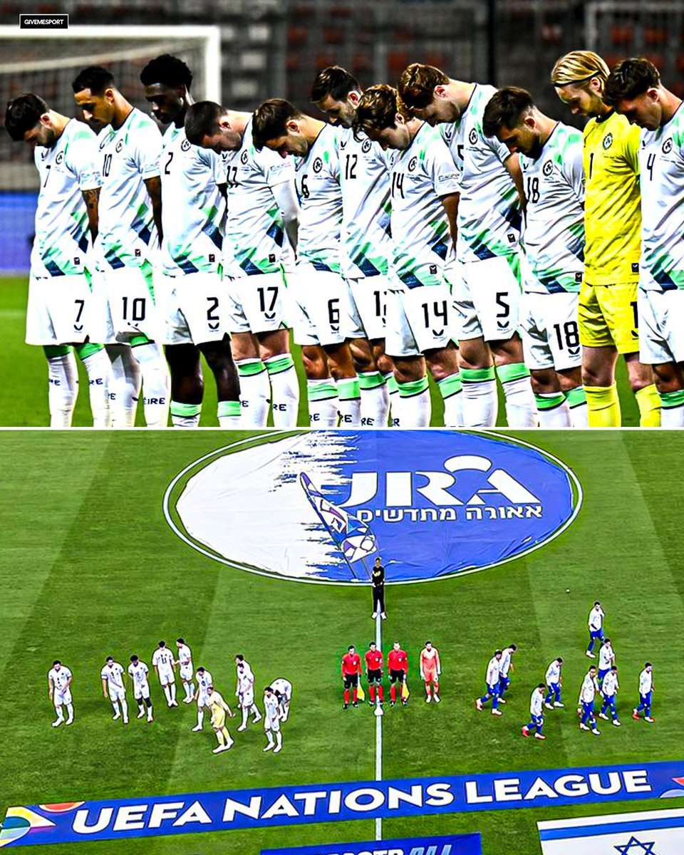 GiveMeSport's tweet photo. Ireland players bowed their heads during the national anthem of Israel.

They also REFUSED to shake hands with the players before kick-off ❌🇮🇪 https://t.co/UjzkULq4LV