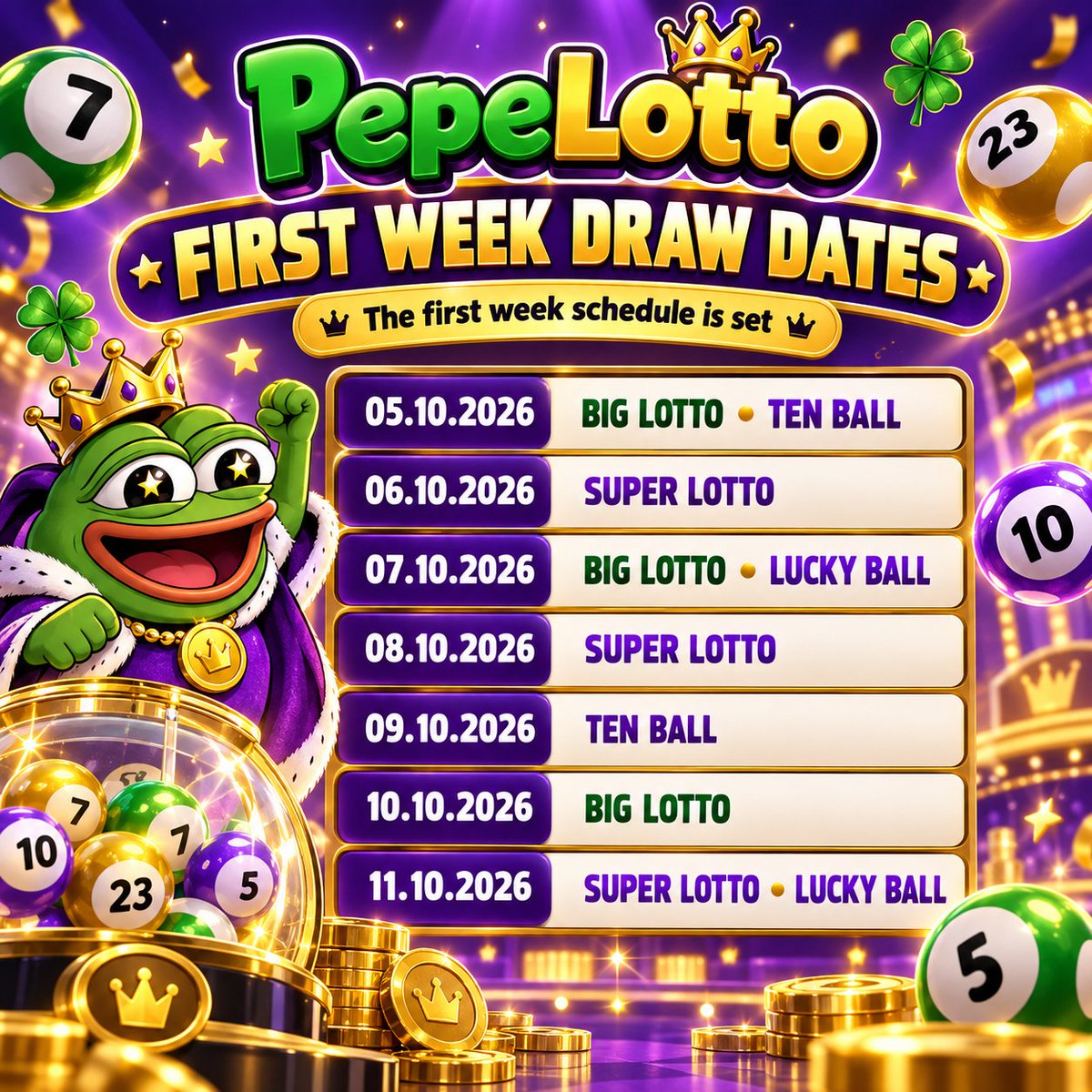 pepelotto_'s tweet photo. First week schedule confirmed. ✅
PepeLotto officially starts on 05.10.2026 and the first week draw calendar is ready.
From Big Lotto to Super Lotto, Lucky Ball and Ten Ball — the first week is packed.
Which game are you playing first? 👀
$PEPELOTTO #PepeLotto #Solana #Web3 #OnChain #CryptoLottery