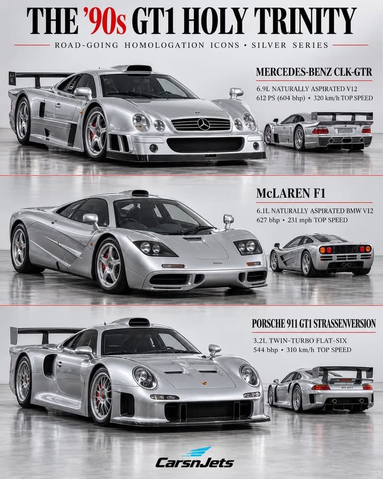 CarManToday's tweet photo. Three legendary ’90s homologation icons: the Mercedes Benz CLK GTR, McLaren F1, and Porsche 911 GT1 Strassenversion. Which one would you take for a drive? 🤔 🏁 #CLKGTR #McLarenF1 #Porsche911GT1 https://t.co/ilEdnpkauj
