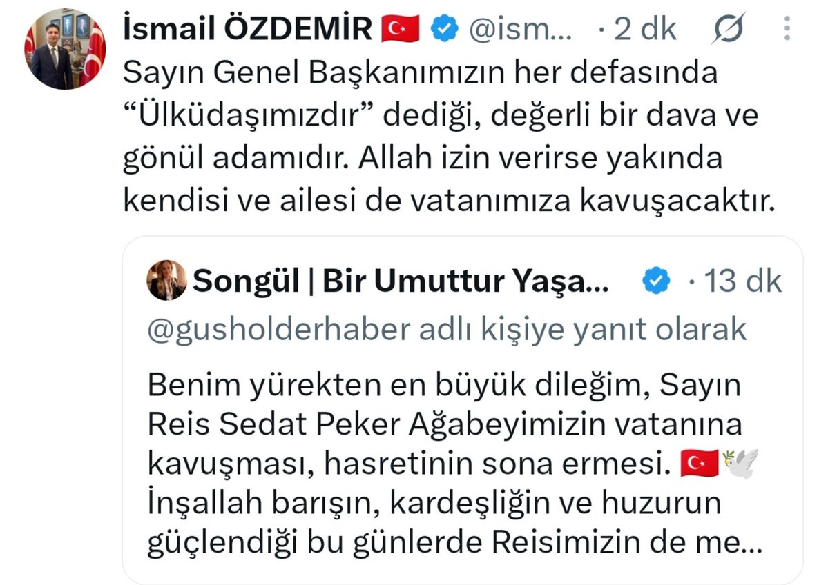 ulkucuhareketr's tweet photo. SON DAKİKA | MHP Genel Başkan Yardımcısı İsmail Özdemir, Sedat Peker'in yakında Türkiye'ye geleceğini açıkladı.

"Sayın Genel Başkanımızın her defasında “Ülküdaşımızdır” dediği, değerli bir dava ve gönül adamıdır. Allah izin verirse yakında kendisi ve ailesi de vatanımıza kavuşacaktır."