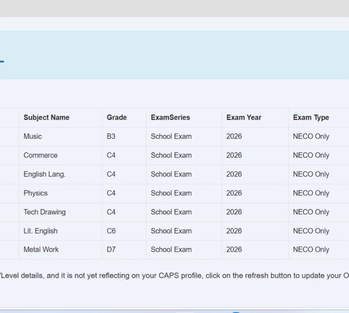 ogemsy's tweet photo. @jamb_hq @Neconigeria After making the required payment for the verification code and following the instructions provided, my daughter's JAMB portal displayed another candidate's NECO result. The subjects and grades shown do not belong to her. Kindly assist to resolve the issue https://t.co/MQ25cKPUvJ